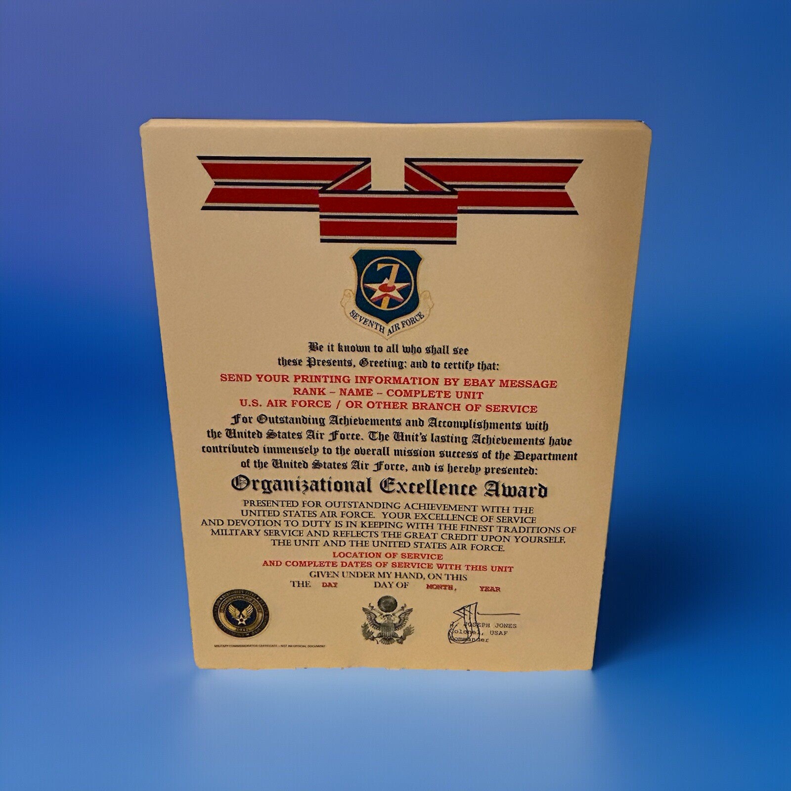 U.S. AIR FORCE / 7TH AIR FORCE - ORGANIZATIONAL EXCELLENCE AWARD CERTIFICATE