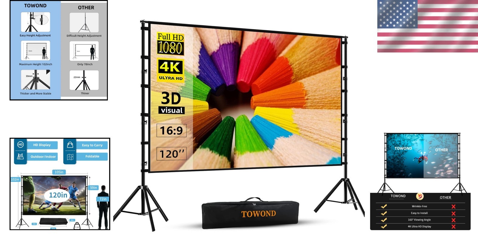 Portable 120 Inch Projector Screen w/ Stand 4K UHD 16:9 HD Wrinkle-Free Cinema