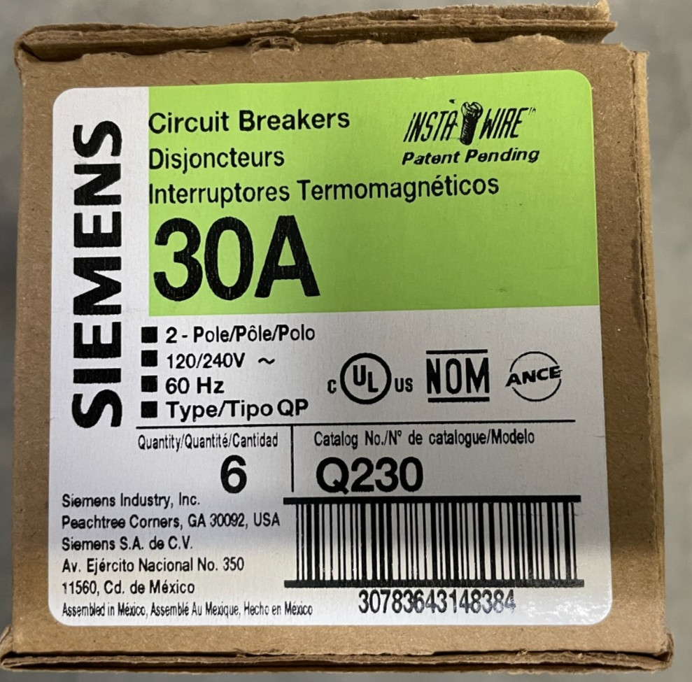 BOX OF 6-Siemens Q230 30A 2 Pole 120/240V 60Hz Type QP