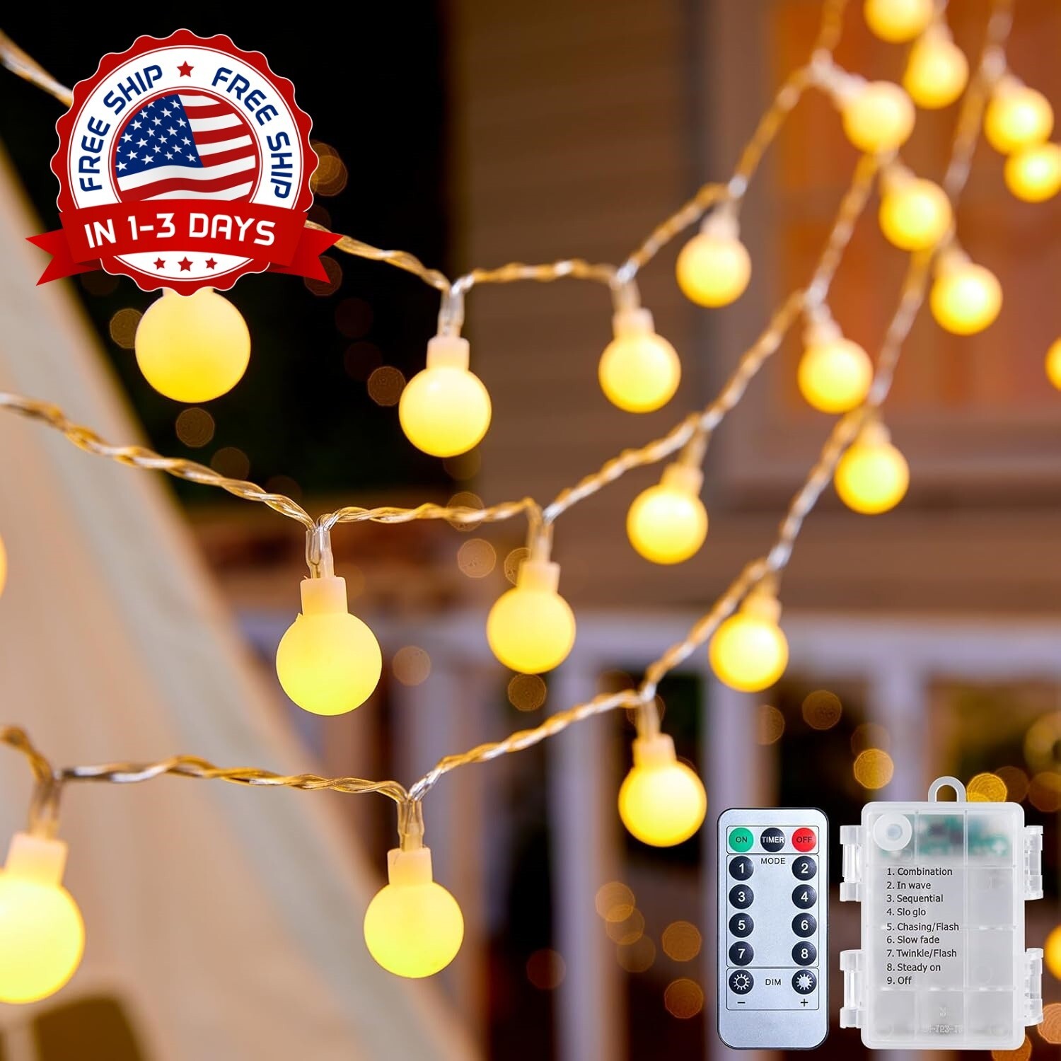 Cadena de luces LED exteriores 21pies con control remoto, conectable, 2 Pack NEW