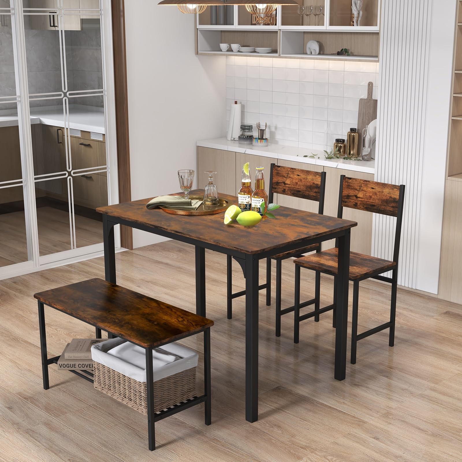 Dining Table Set for 4 Modern Industrial Kitchen Table with Bench Chairs