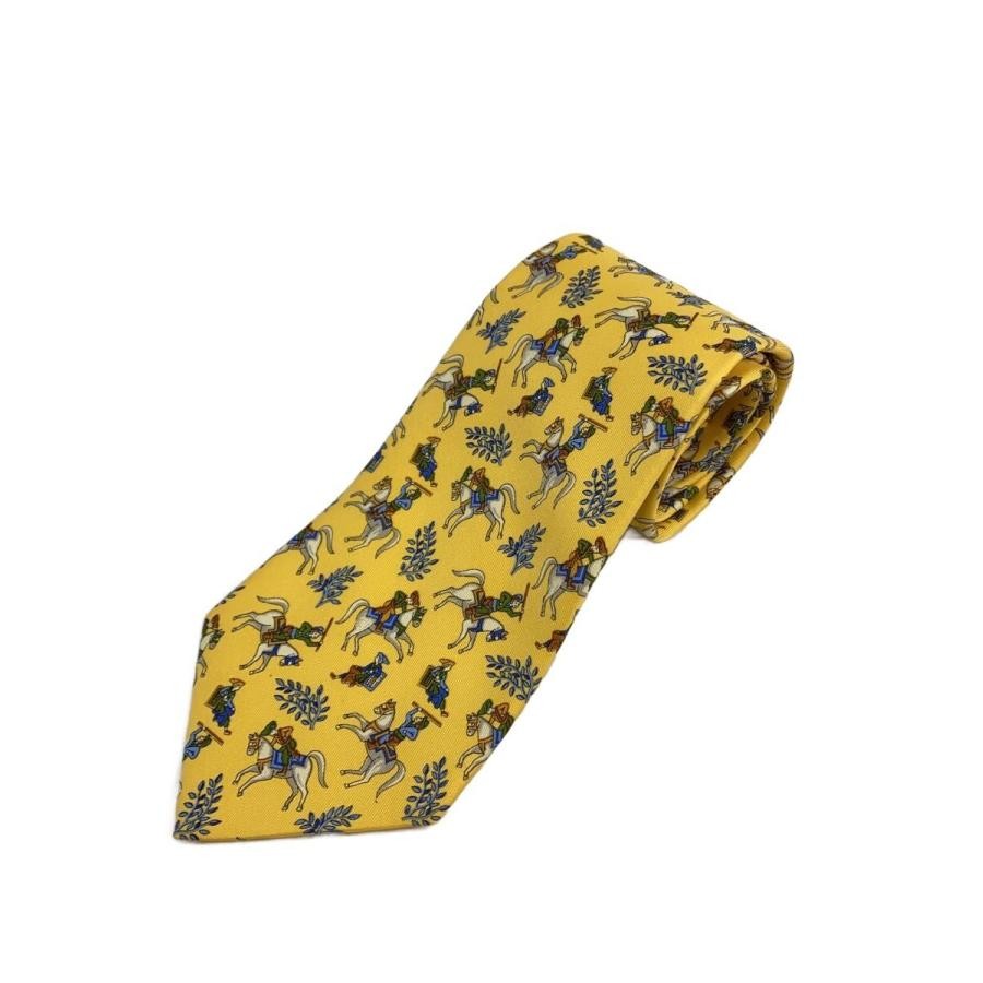 FERRAGAMO Silk Tie Necktie Yellow All-over Print Italy Very Good