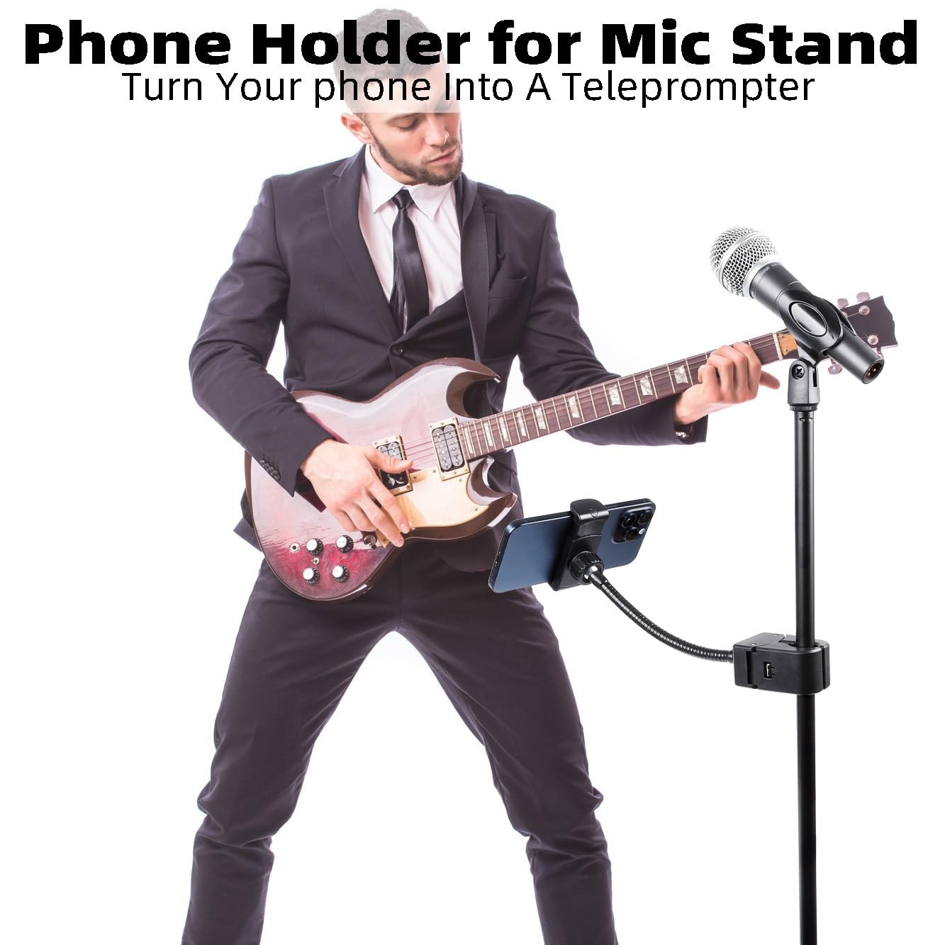 Mic Stand Phone Holder, Flexible Phone Mount with 7.9" Removable Gooseneck for M