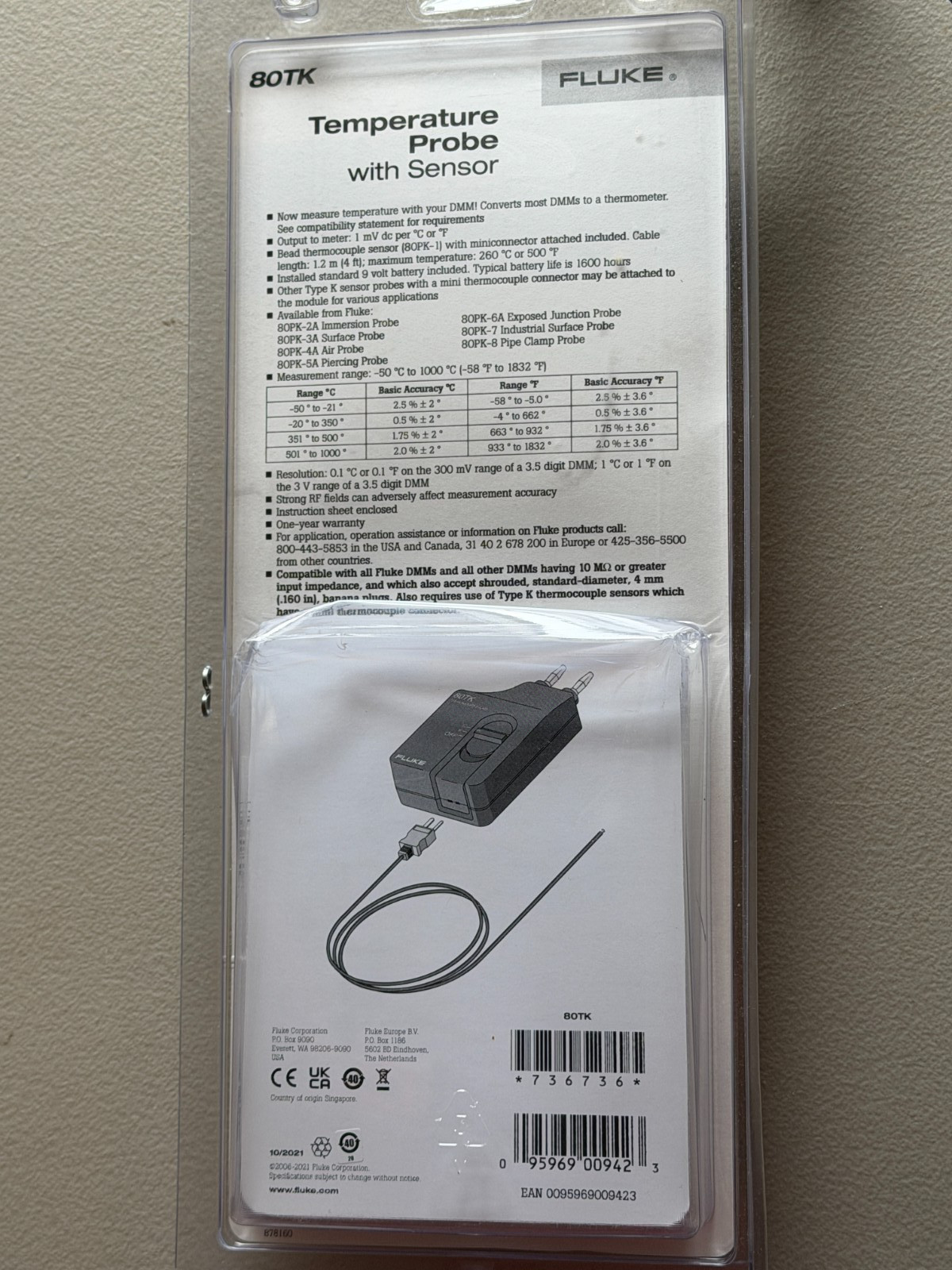 Fluke 80TK Thermocouple Module. Original Packaging.