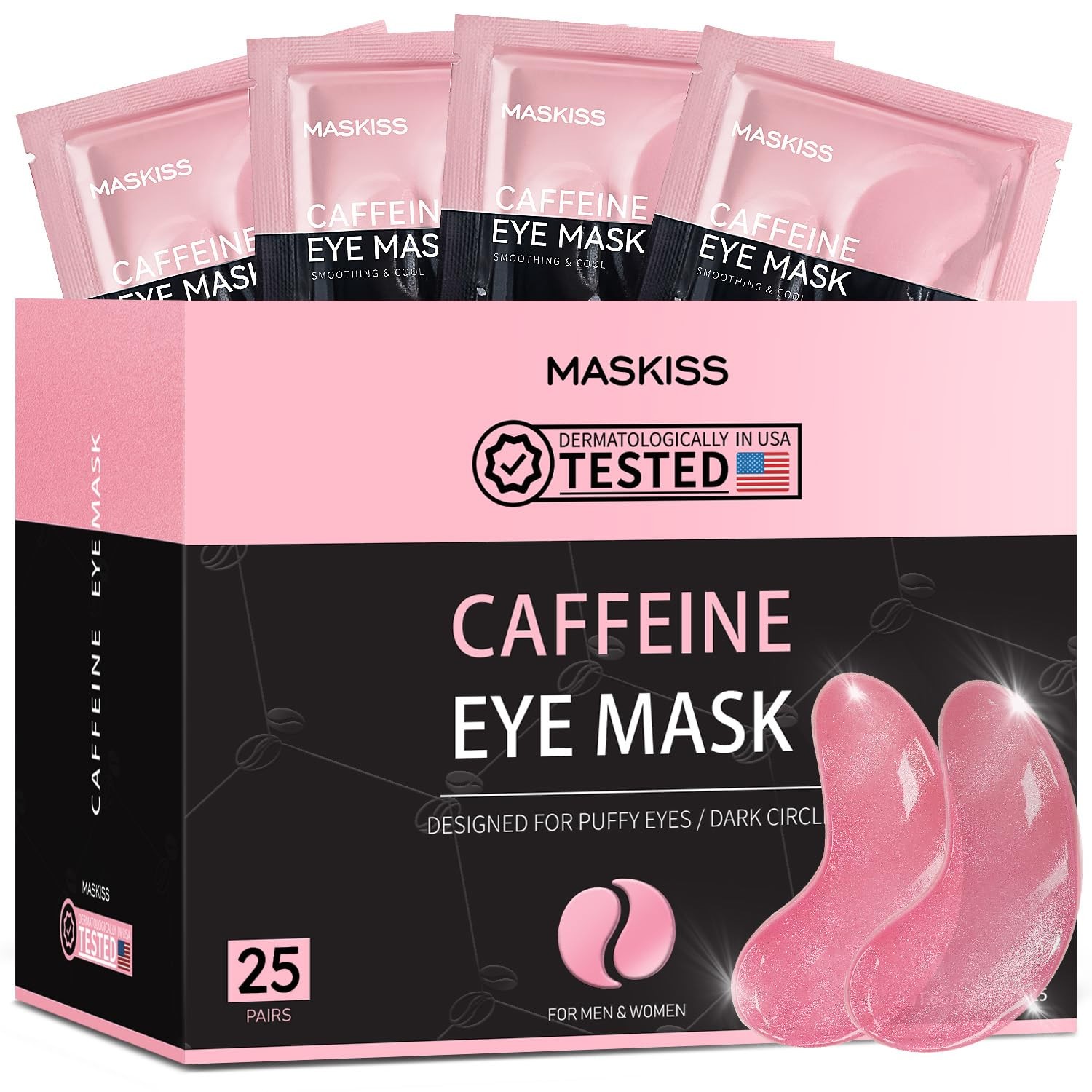Maskiss Under Eye Patches (25 Pairs), Caffeine 25 Count (Pack of 1), Pink