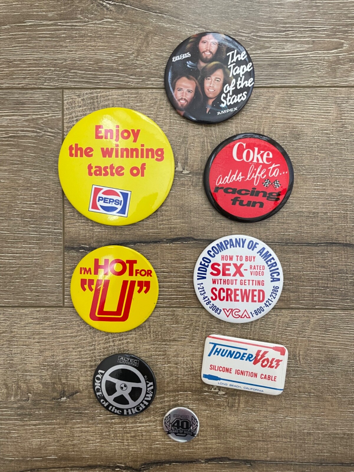 Vintage advertising pins/Coke/Pepsi/Bee Gees/U spark plugs and more