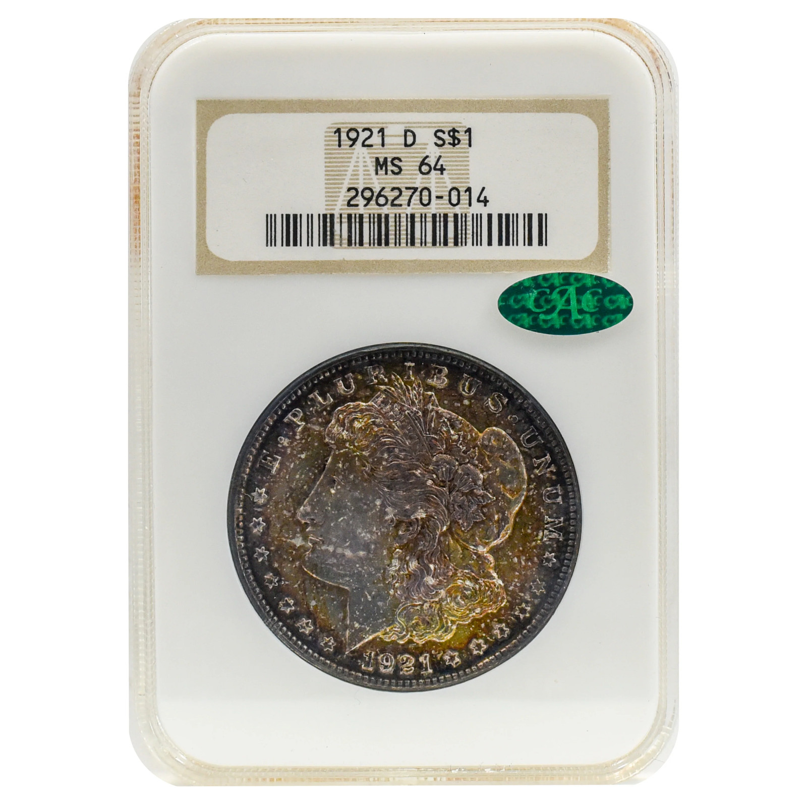 1921-D Morgan Dollar MS64 NGC Holder CAC Sticker