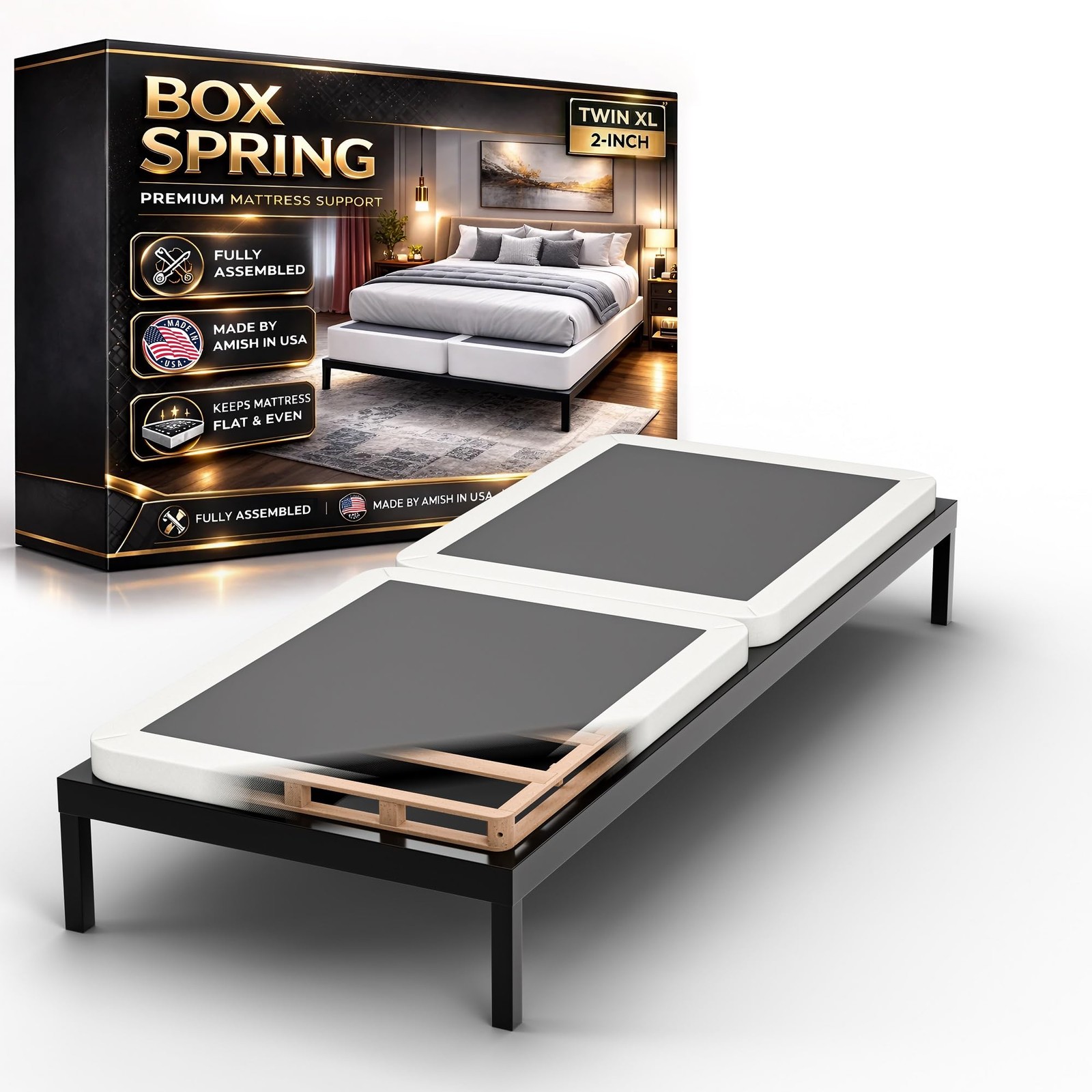 , 2Inch Sturdy Wood Box Spring for Mattress Support  Durable and Fully Assemb...