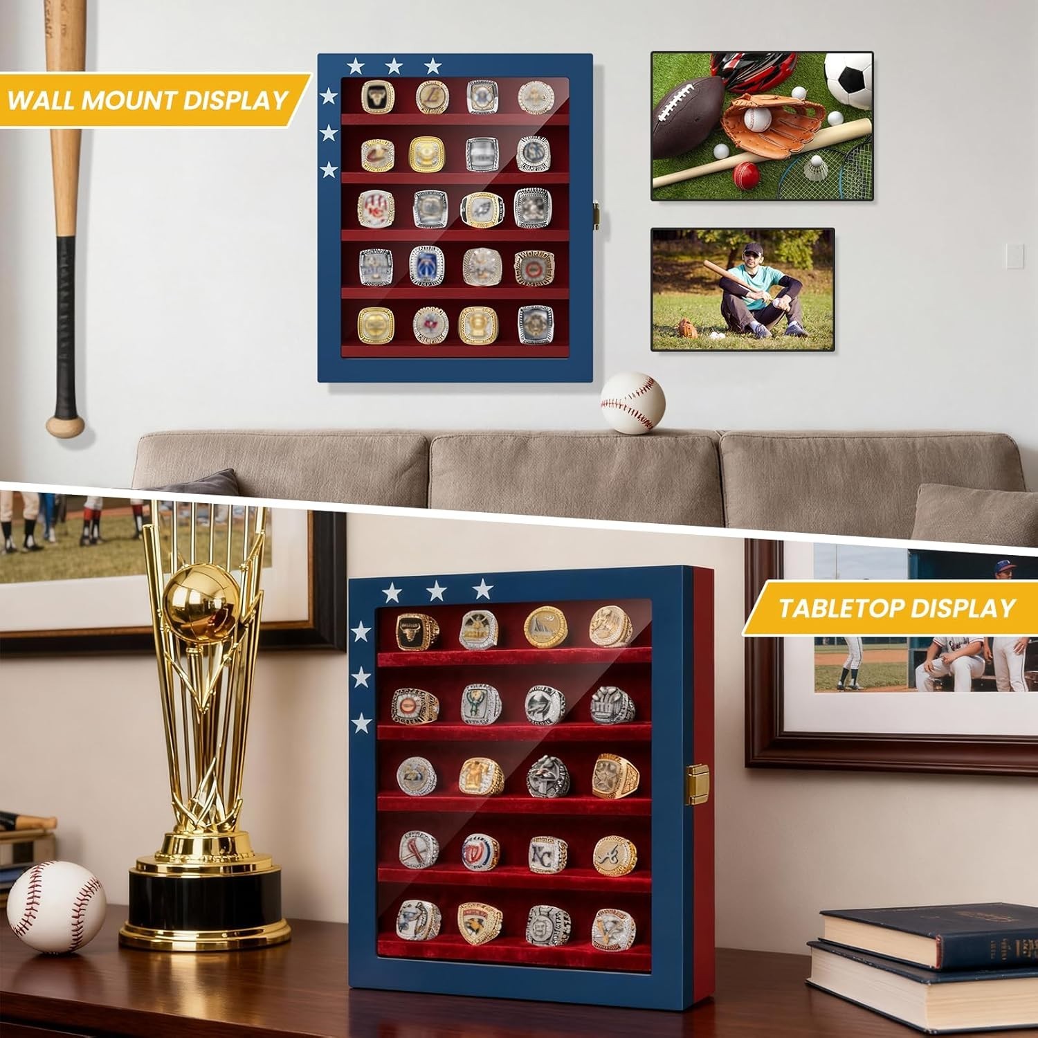 LED Baseball Ring Display Case - 20Post Wall Mount Shadow Box for Champions