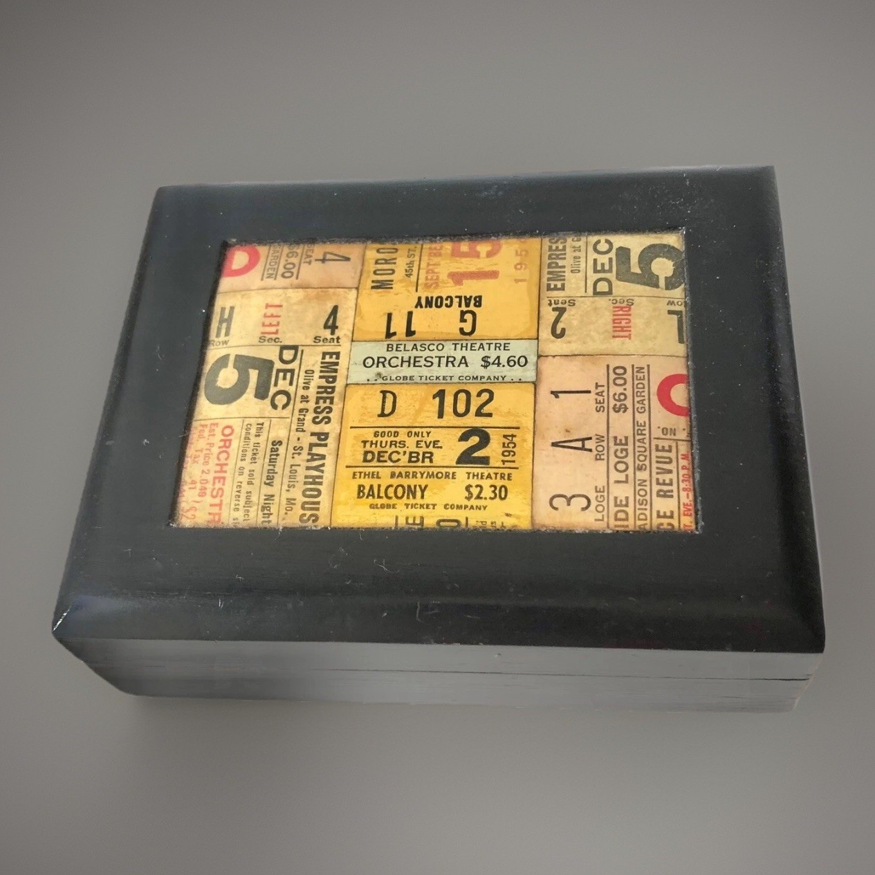 Vntg Trinket Box Decorated With 1950’s Concert Tickets 4,5”x 7”