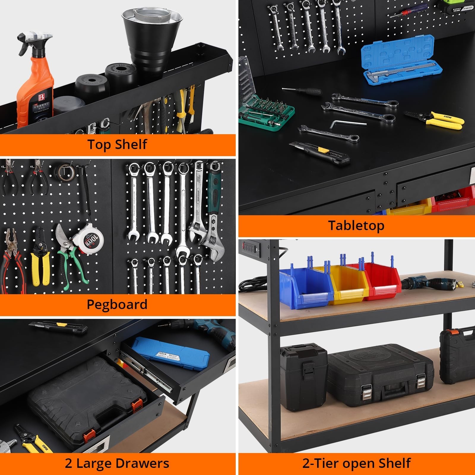 48" Workbench Rubberwood Tabletop with Double Shelfs Pegboard Drawers 2000 LBS