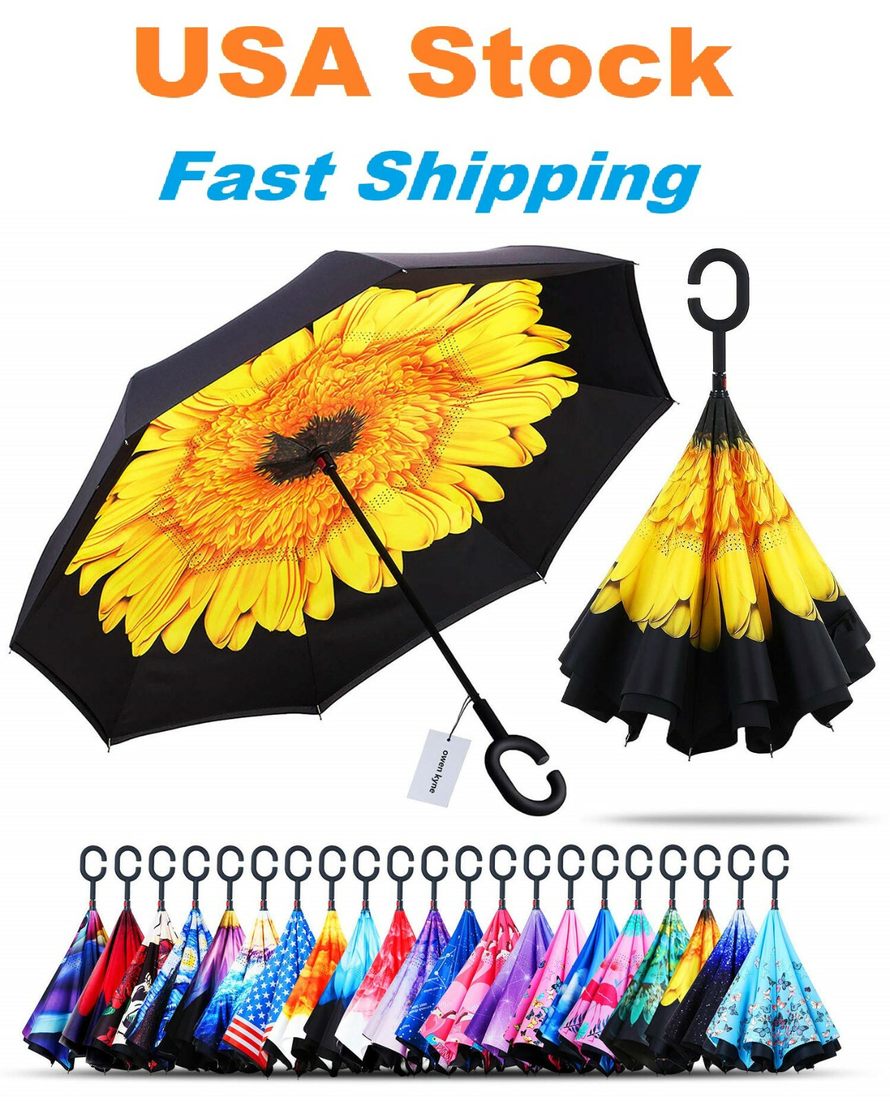 C-Handle Inverted Reverse Umbrella, Flower print (Inside-out, Upside-down)