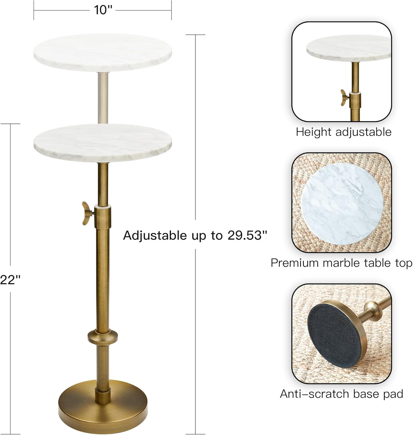 Adjustable 10" White Marble Drink Table with 2 Coasters, Antique Brass⁠ | Adjust