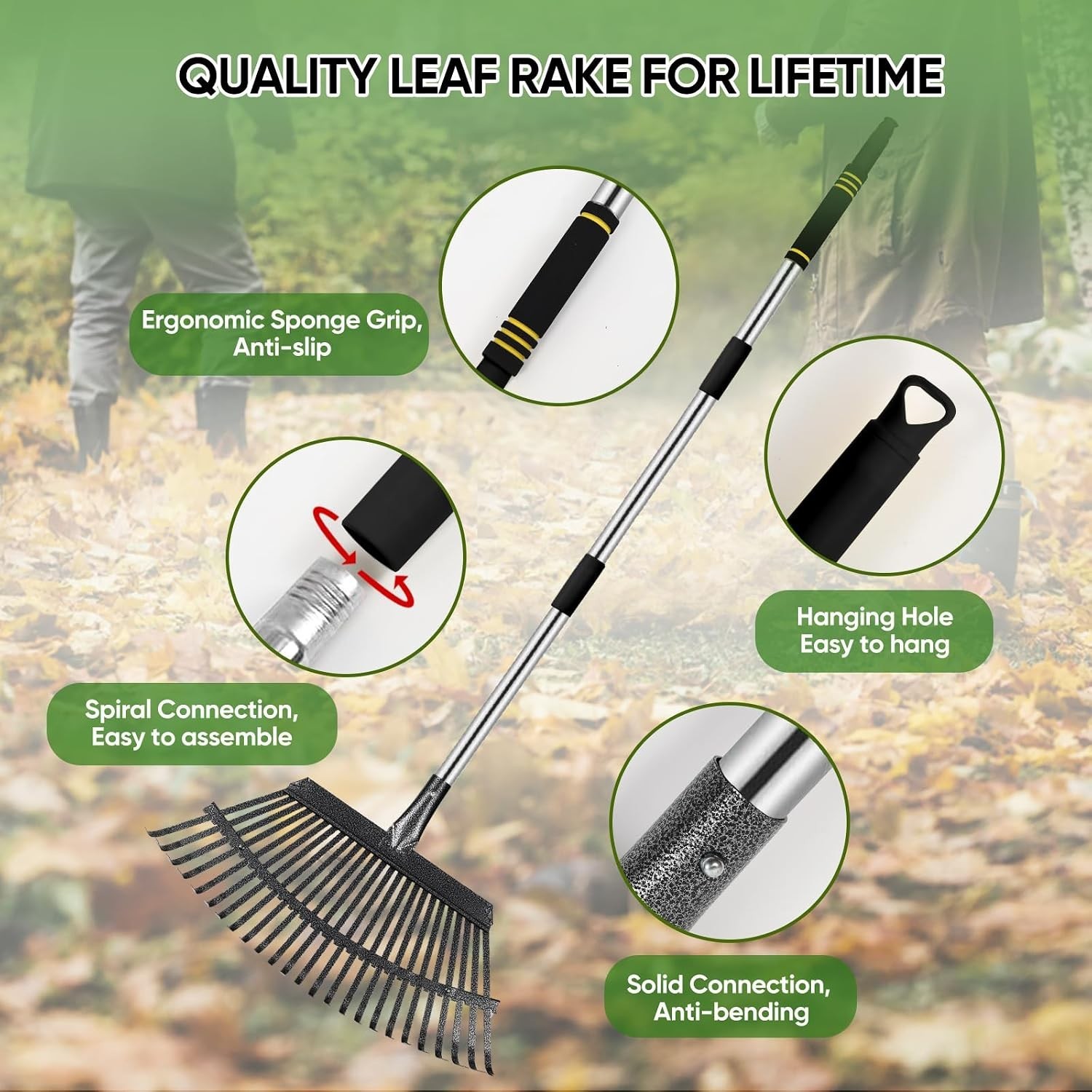 Durable 6FT Leaf Rake with 25 Tines – Adjustable, Ergonomic, and Easy to Store