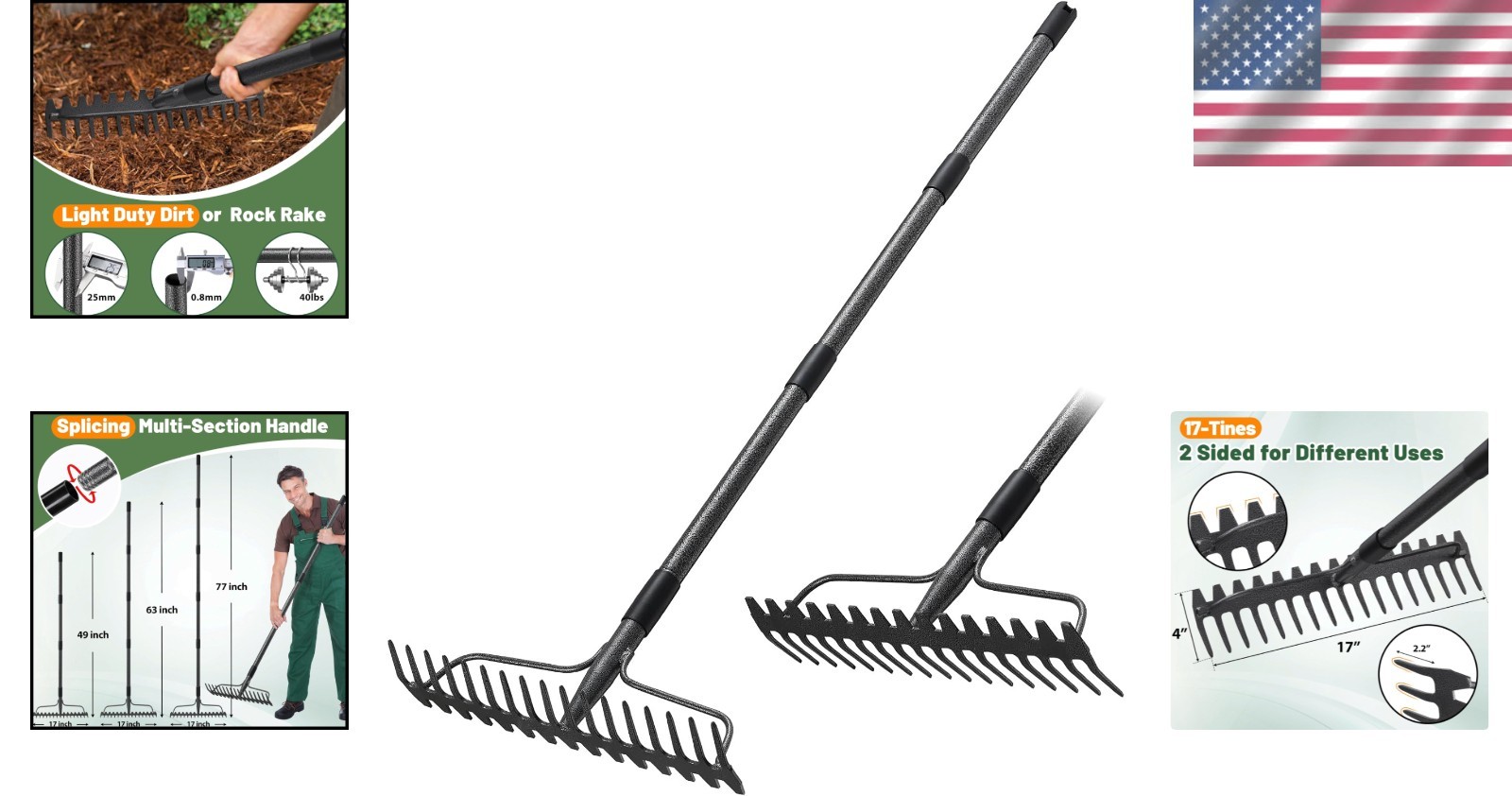 Garden Rake for Leaves, Grass, Weeding