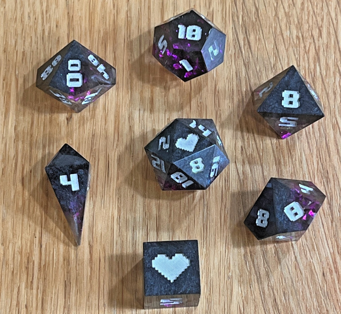 Dice Set: Hearts sharp purple night  polyhedral die RPG D&D