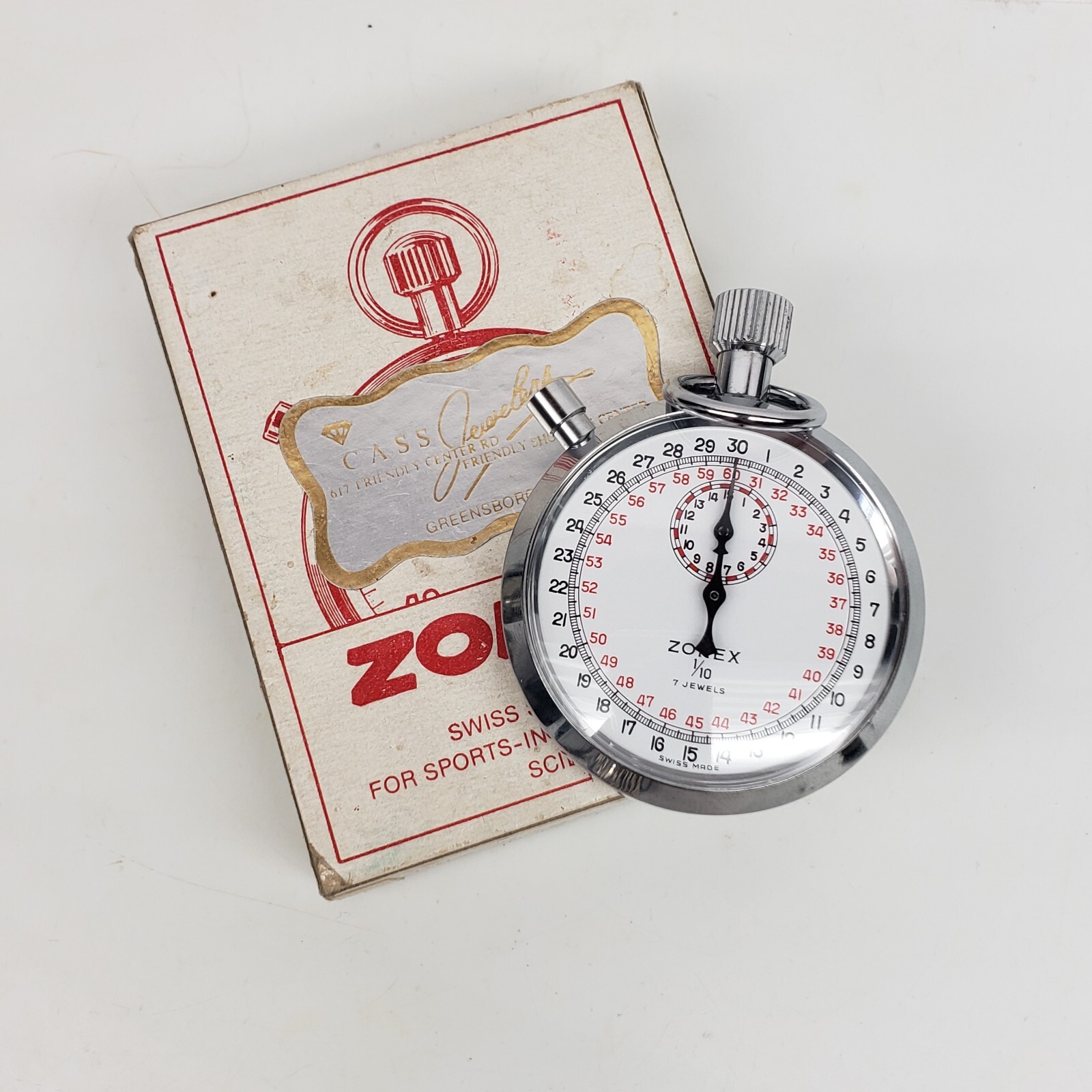 Vintage Zonex 7 Jewels Stopwatch 1/10 Swiss 15 Minute WORKING