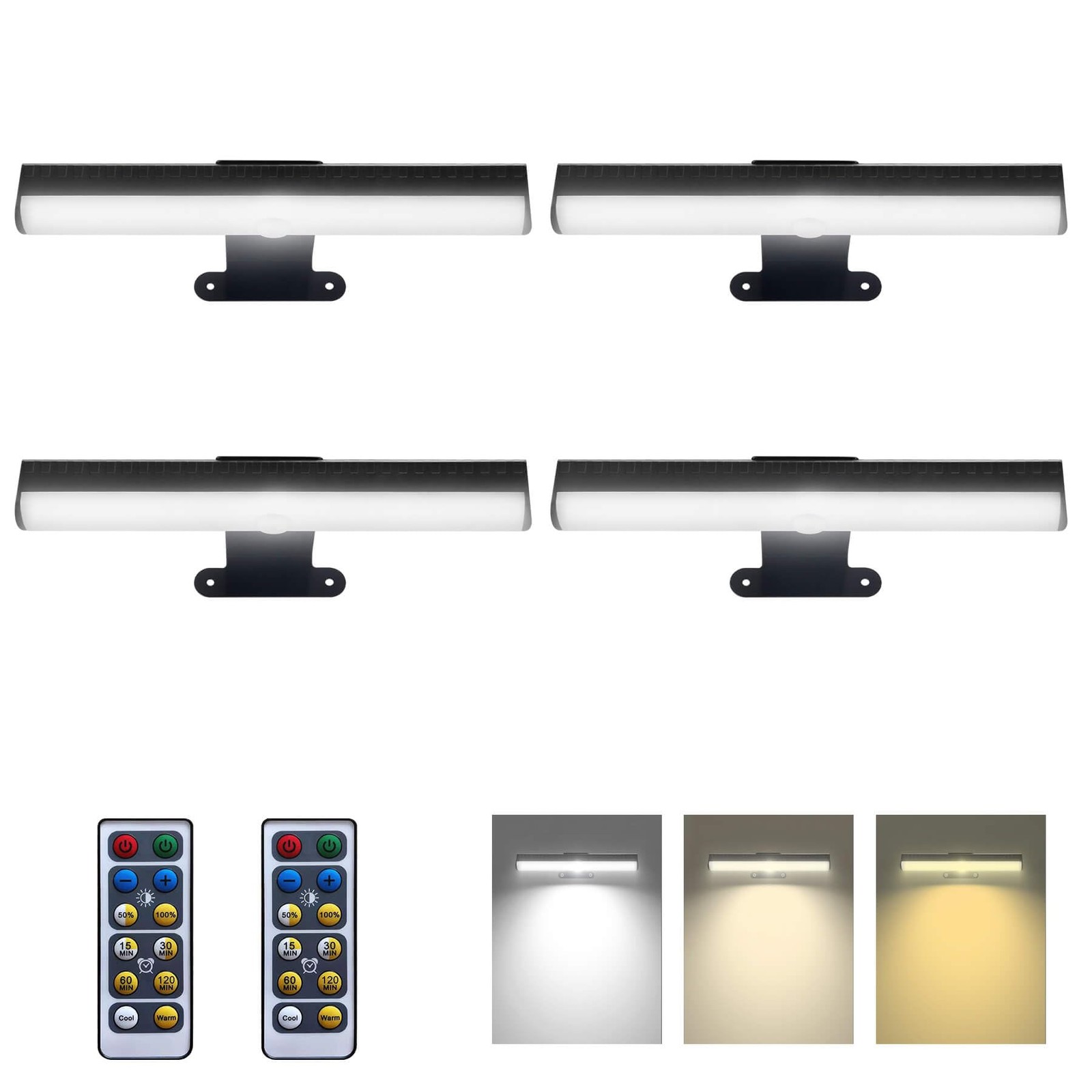 HIPTOKING 4pcs Battery Operated Picture Light with 3 Lighting 4PACK, Black