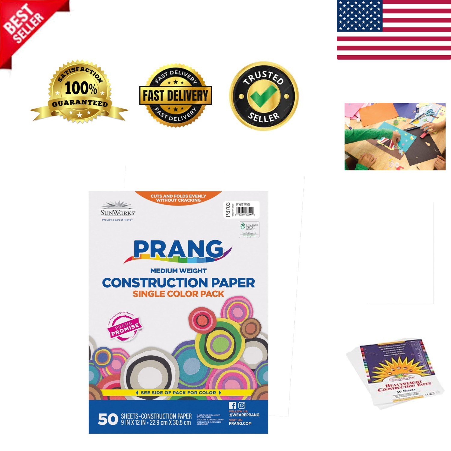 Bright White Construction Paper, 9" x 12", 50 Sheets, Eco-Friendly