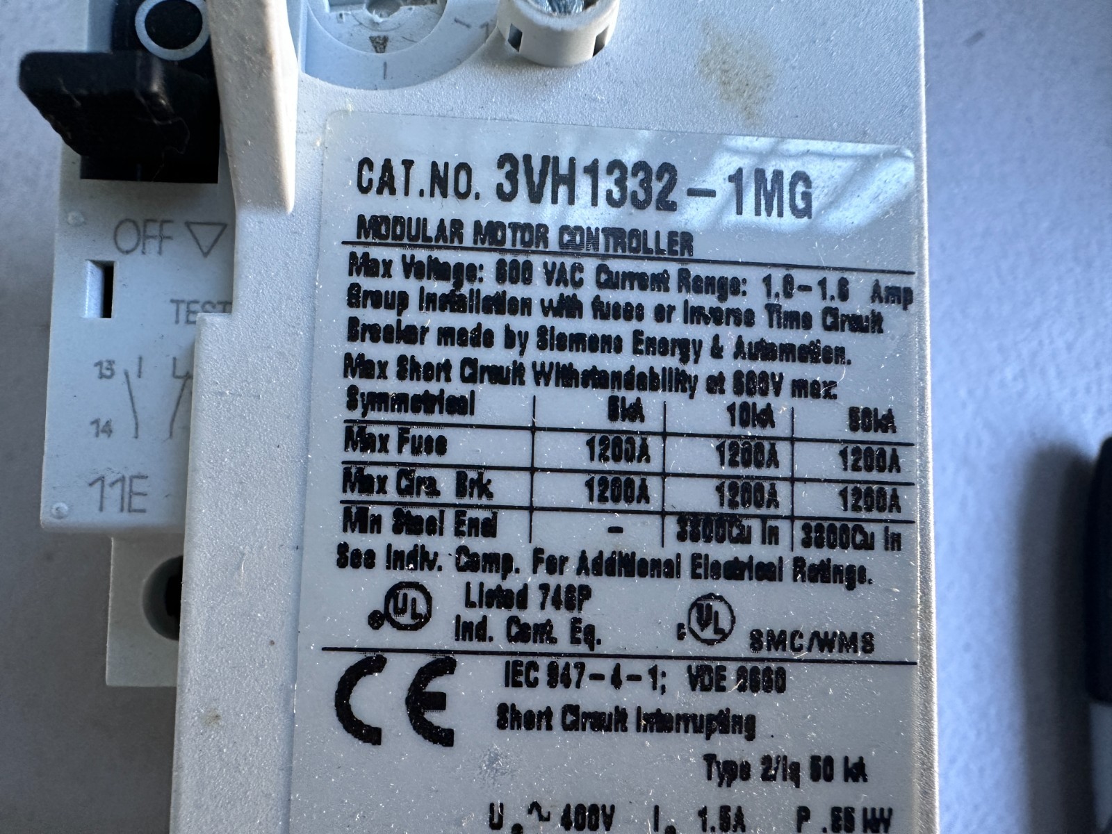 Siemens 3VH1332-1MG Modular Motor Controller w/3TF32 Contactor