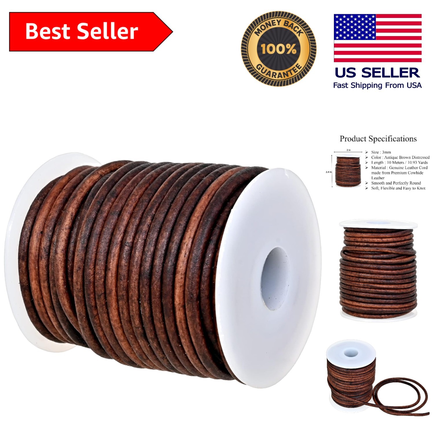 Antique Brown Distressed 3mm Leather String - Perfect for Necklaces & Bracelets