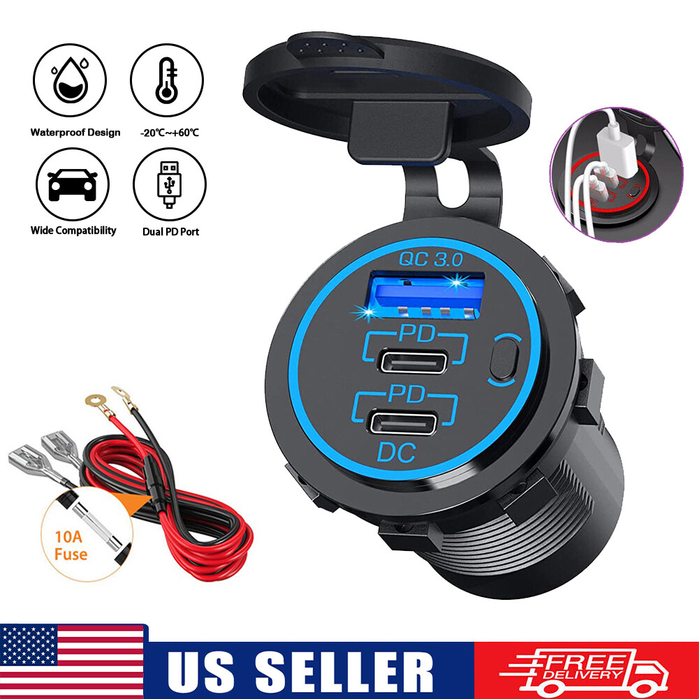 12-24V USB C 3 Port Fast Car Charger PD & QC3.0 Outlet Socket for Boat RV Marine