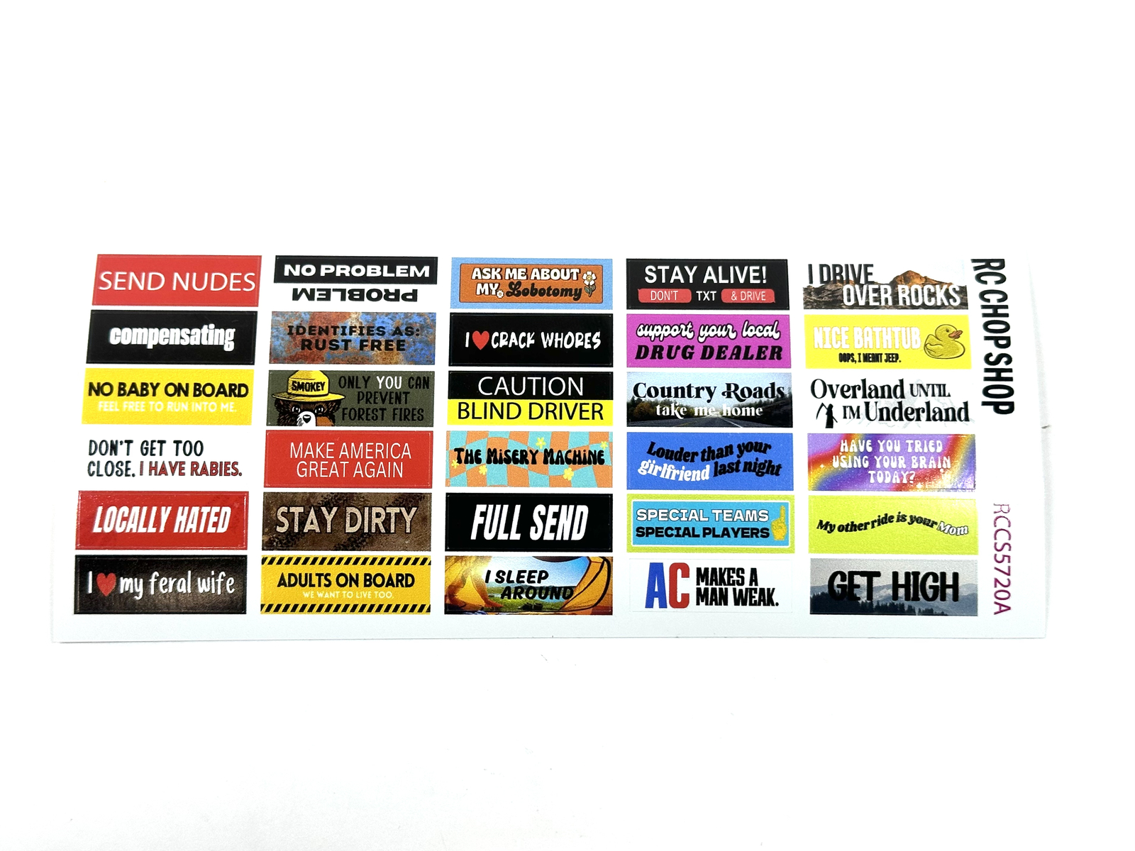 New 1:10 scale Funny RC bumper stickers for trucks, drift cars, and crawlers