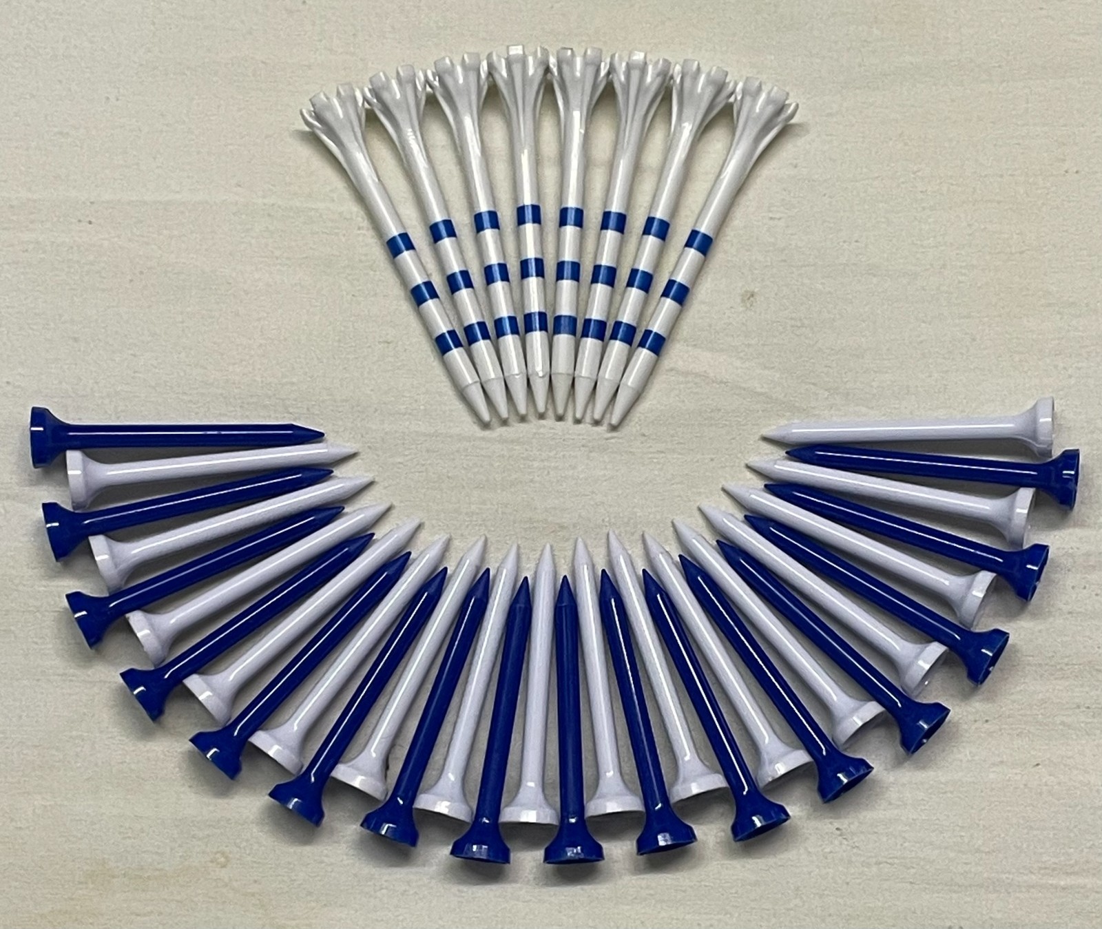 Lot of 40 blue/white tees: 32 of 2 1/8 (2.125) inches & 8 of 2 3/4 (2.75) inches
