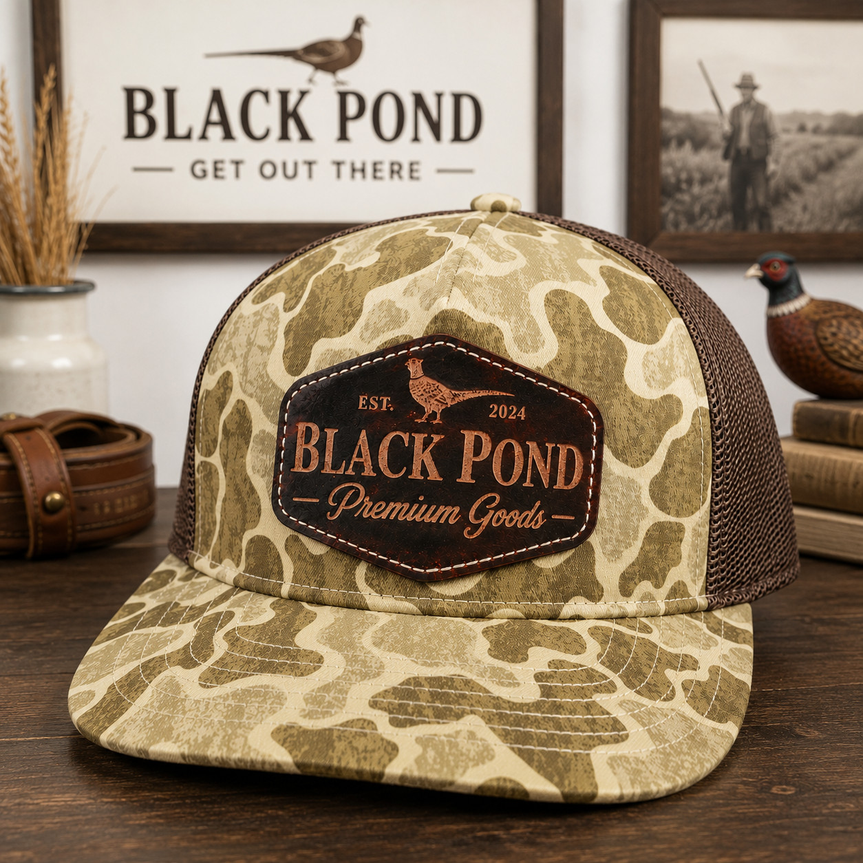 Black Pond Handmade Leather Patch Camo Trucker Hat Snapback