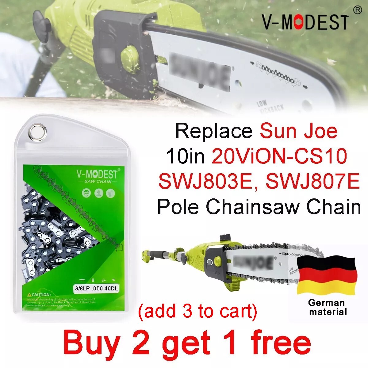 10'' Chainsaw chain For Sun Joe SWJ803E SWJ807E Pole Chainsaw 3/8"LP .050" 40DL