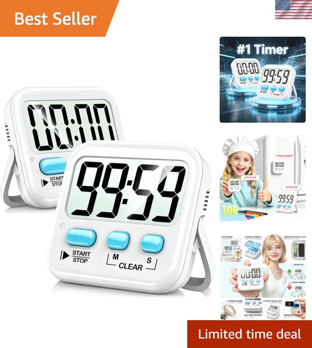 Battery-Operated 2 Pack Digital Kitchen Timers - Perfect for Kids and Adults