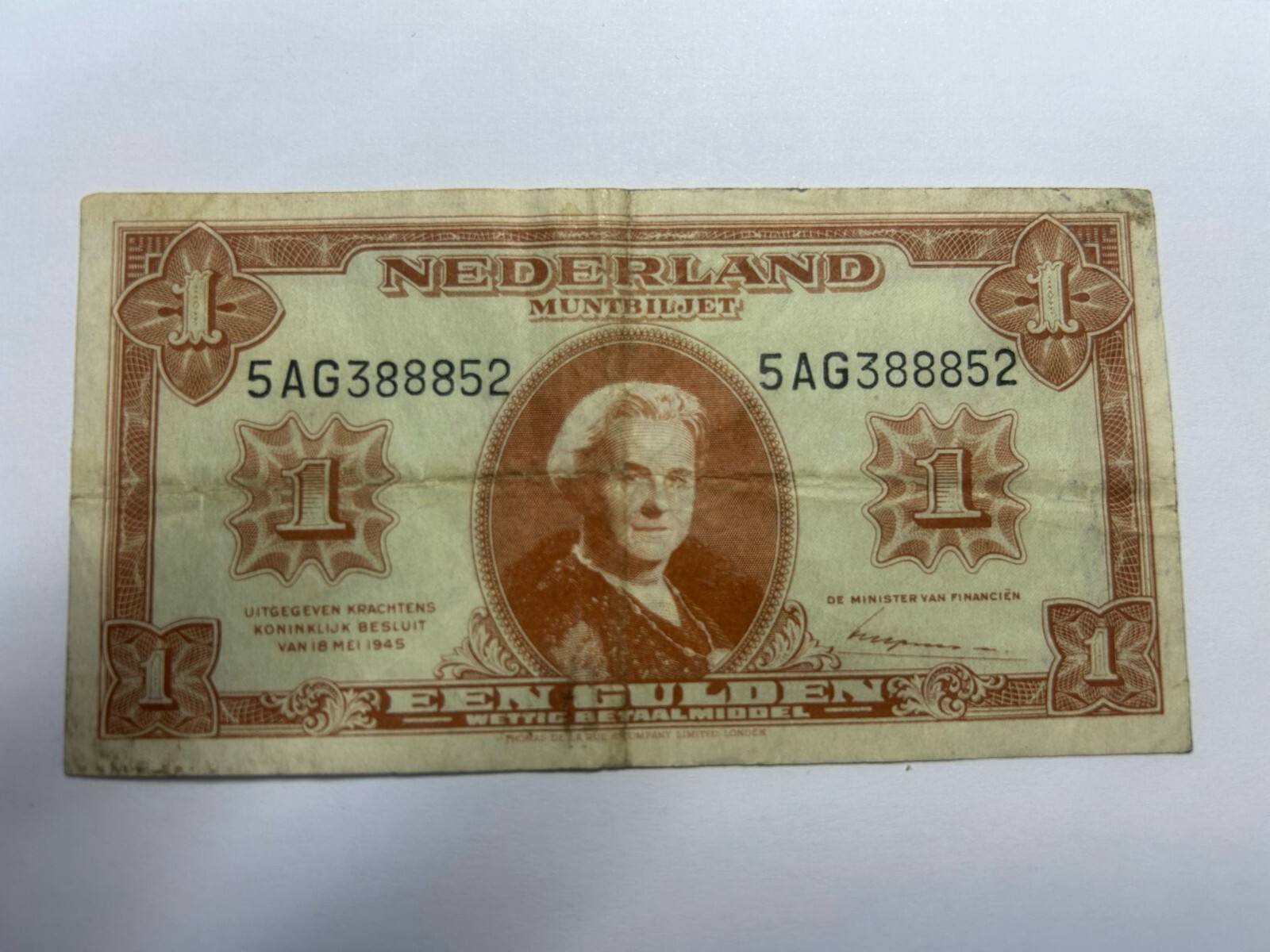 Netherlands 1 Gulden Banknote 1945 – 5AG388852