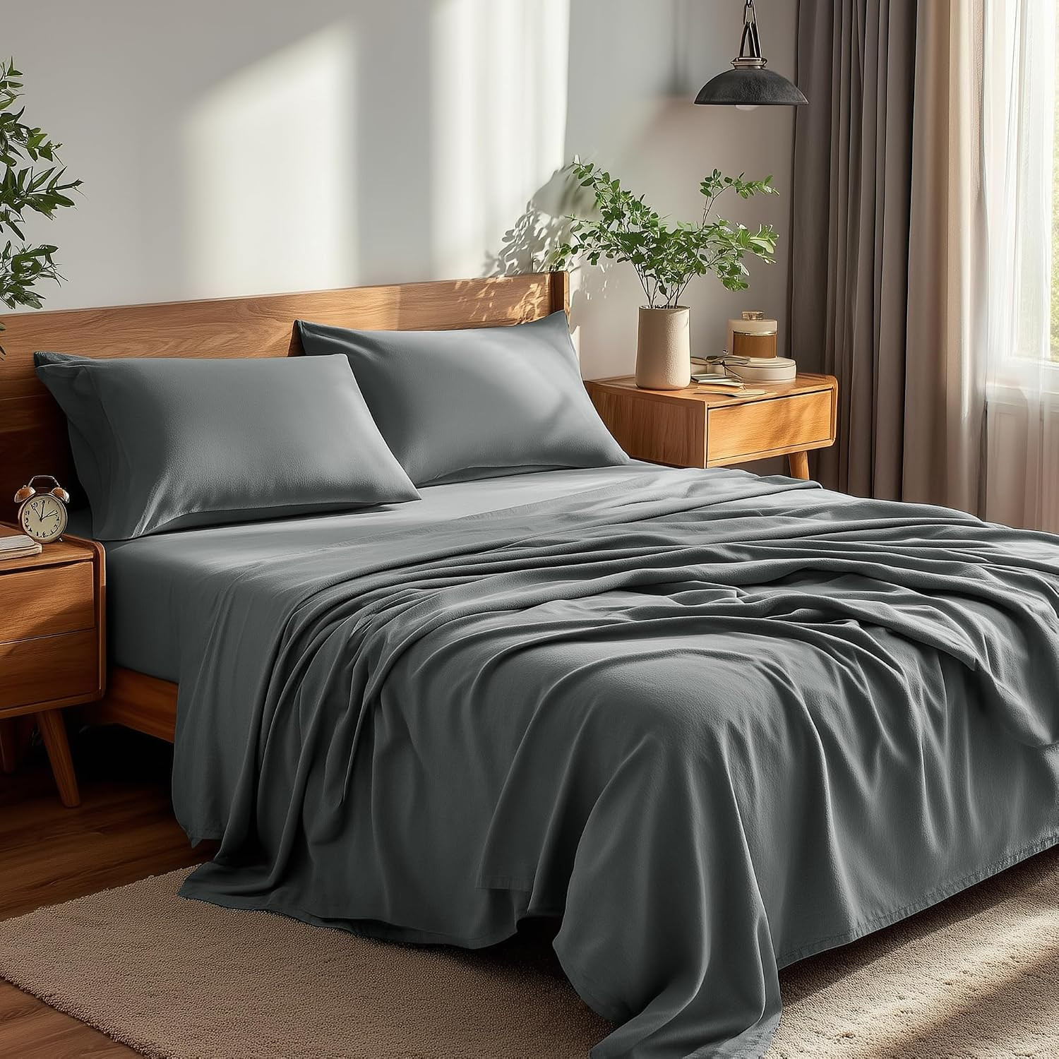 Deconovo Queen Sheet Set 4 Piece - Grey Brushed Microfiber Bed Sheets, 16 Inch D