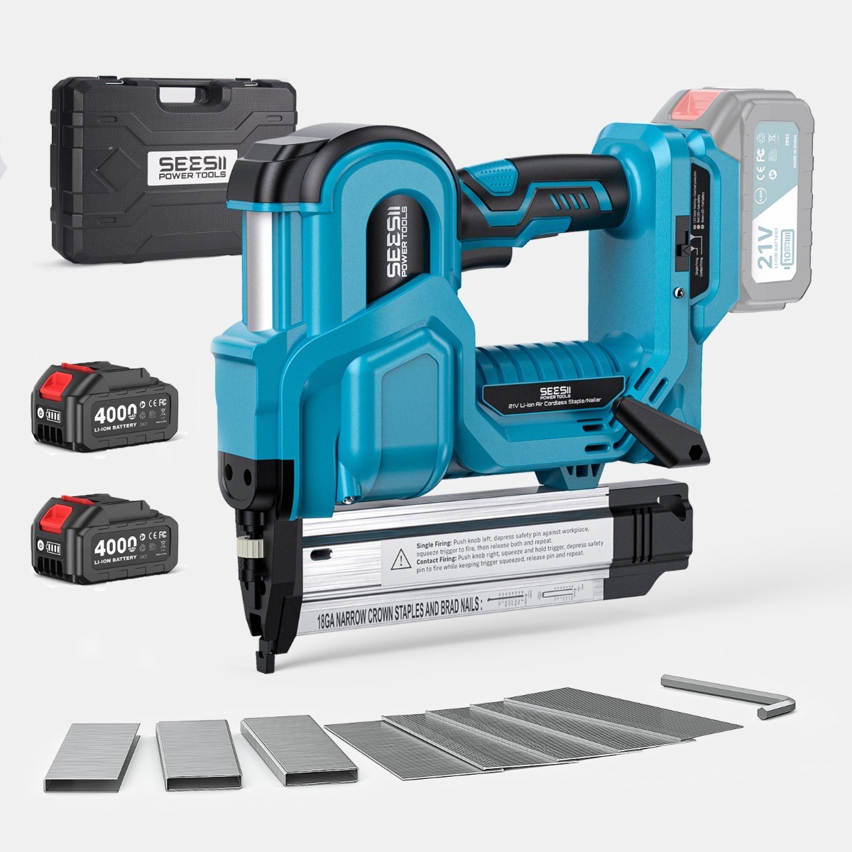 Seesii Electric Nail Gun Battery Powered 18GA Pneumatic Brad Nailer Staple Gun