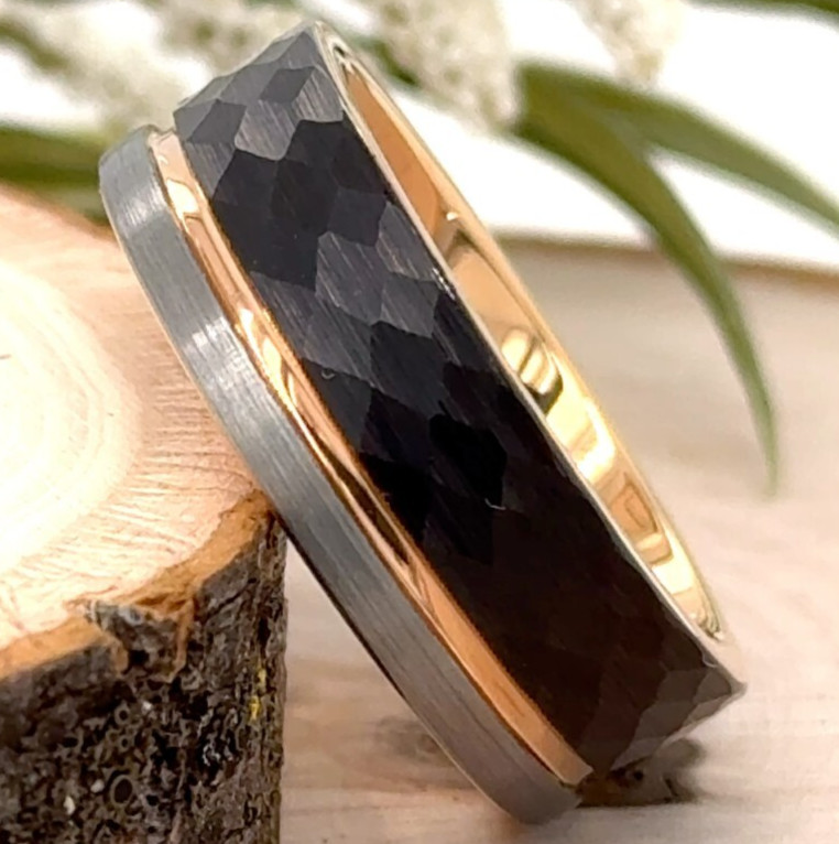 Modern 8mm Tungsten Ring – Rose Gold with Black Faceted & Silver Brushed Band