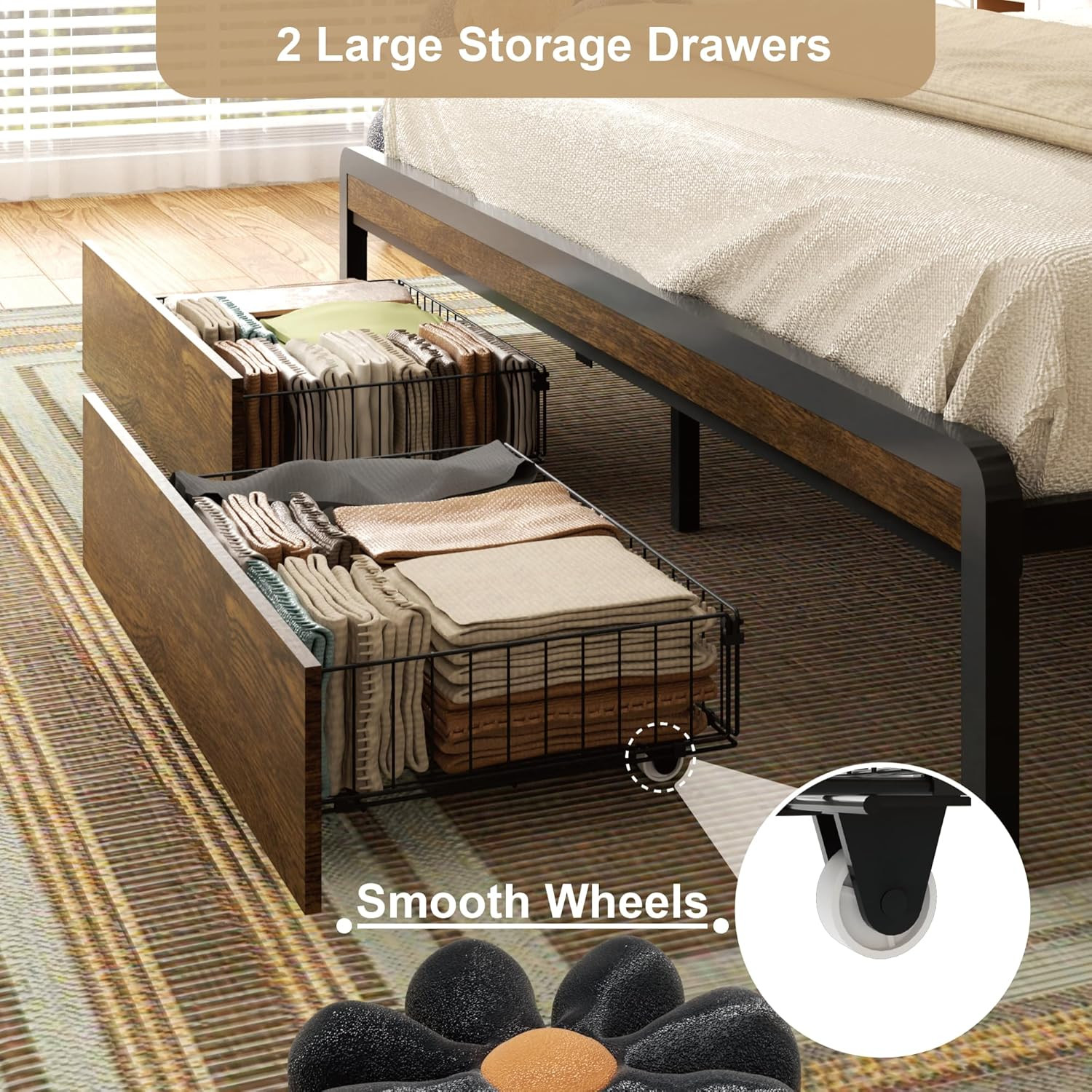 King Size Metal Bed Frame with Storage Drawers, LED Light & Charging Station