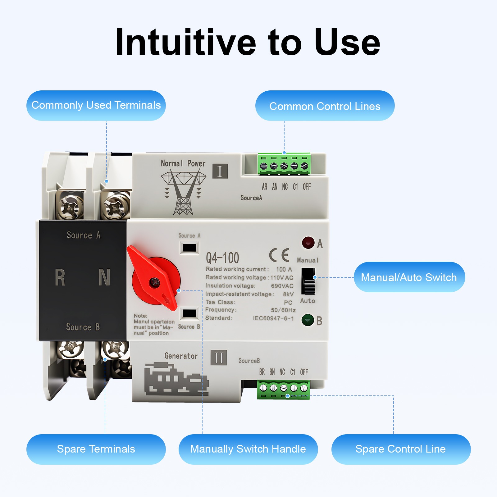 100A Automatic Transfer Switch 2P Power Generator Changeover Switch Dual Power