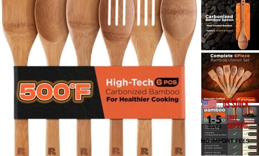 Dark Bamboo Wooden Spoons for Cooking 6-Piece, Carbonized Bamboo Set of 6