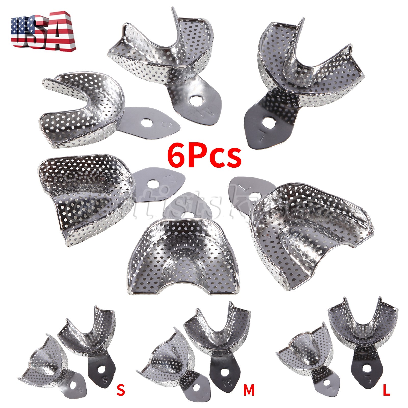 6 Pcs Perforated Metal Dental Impression Trays Set Edentulous Instruments