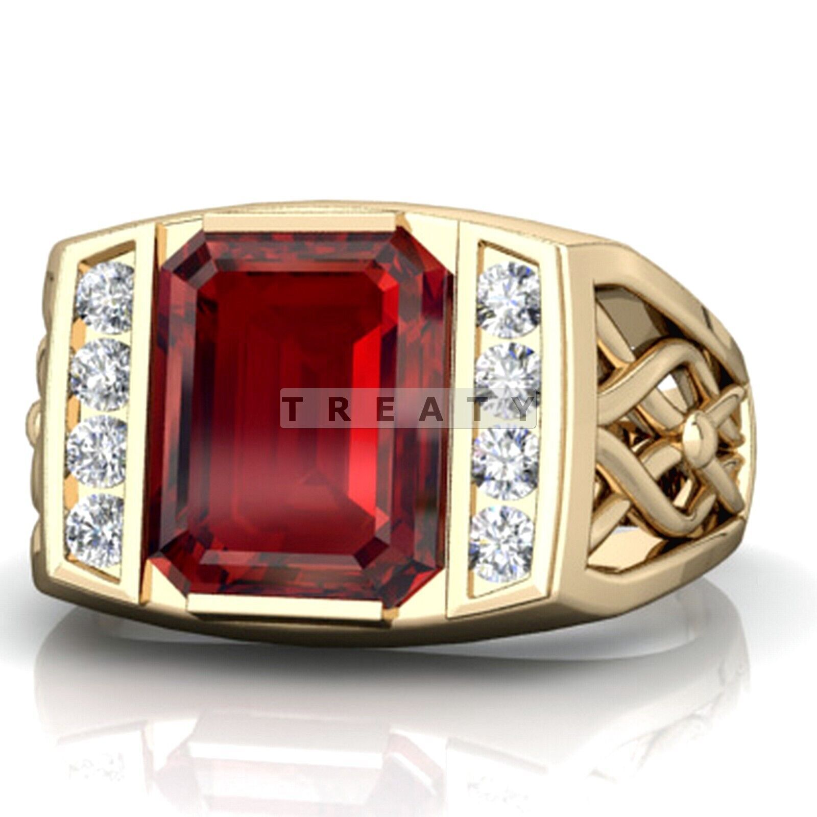 Ruby Emerald Cut Gemstone With 14K Solid White Gold Ring For Men's #99