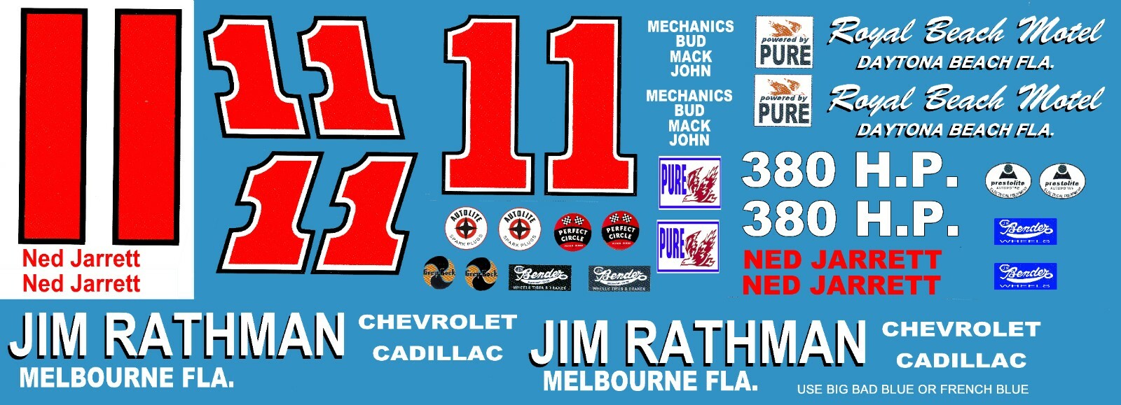 #11 Ned Jarrett Jim Rathman 1961-62 Chevrolet 1/24th - 1/25th Scale Decals