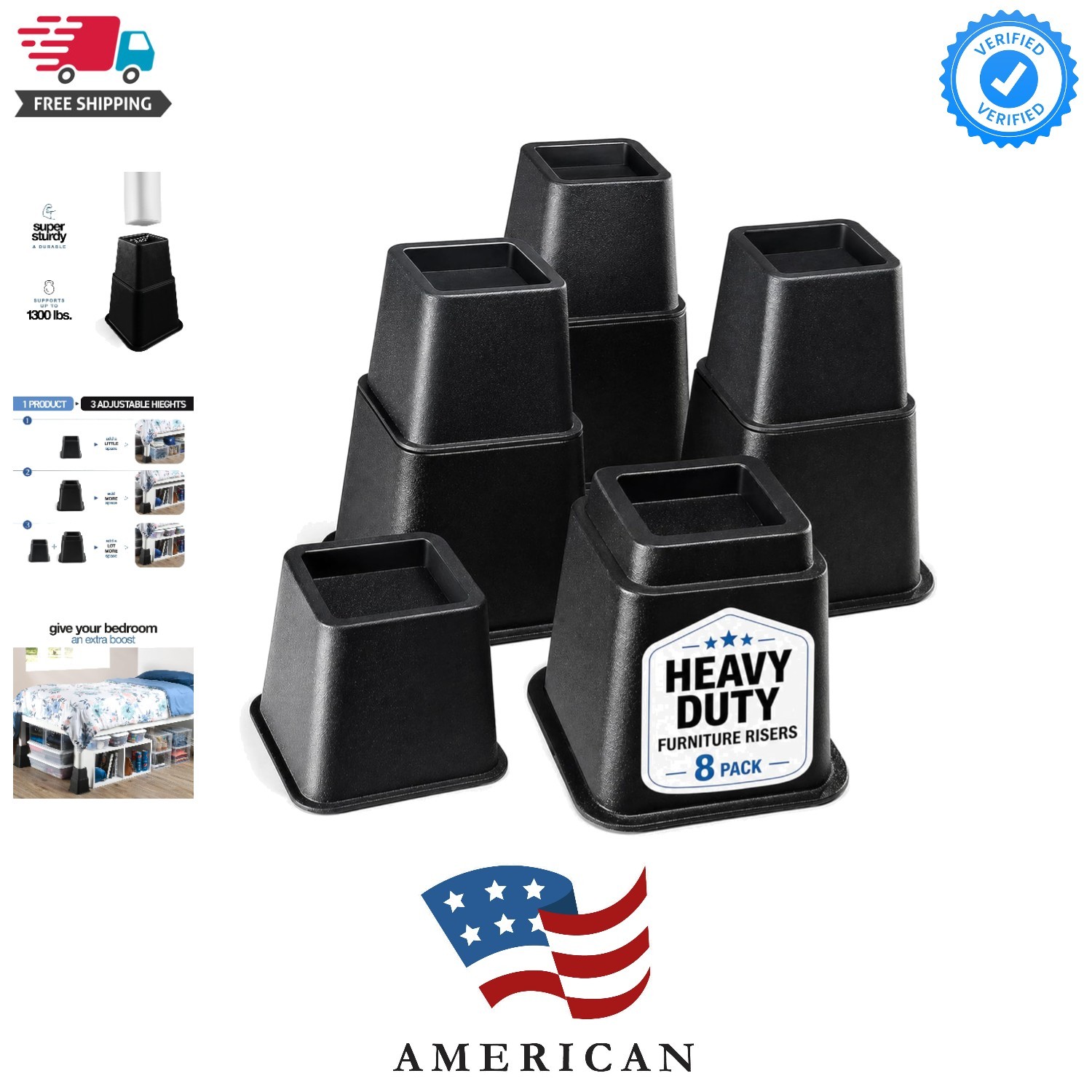 Adjustable Bed Risers - Elevation in 3, 5 or 8 Inch - Heavy Duty Stackable Fu...