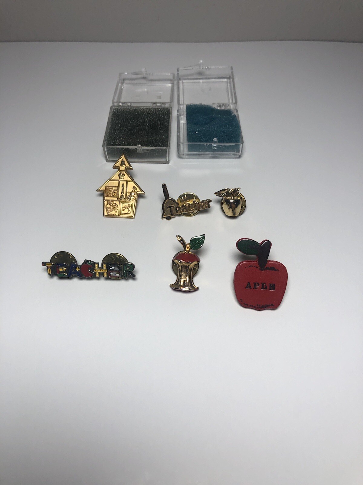 Big Lot Of ( 6 ) Metal & Wooden School Teacher Brooches / Pins! (5) Metal 1 Wood