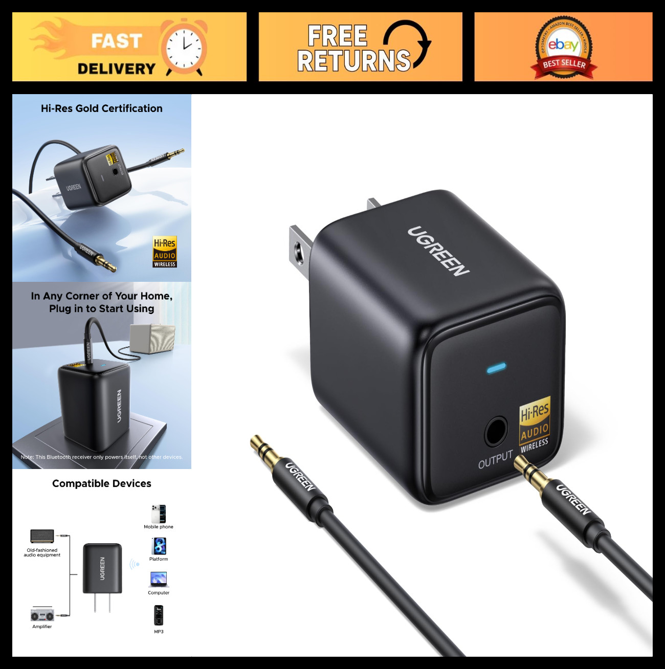 High-Resolution Bluetooth 6.0 Audio Adapter for TV & Home Speakers, AUX/RCA, Dua