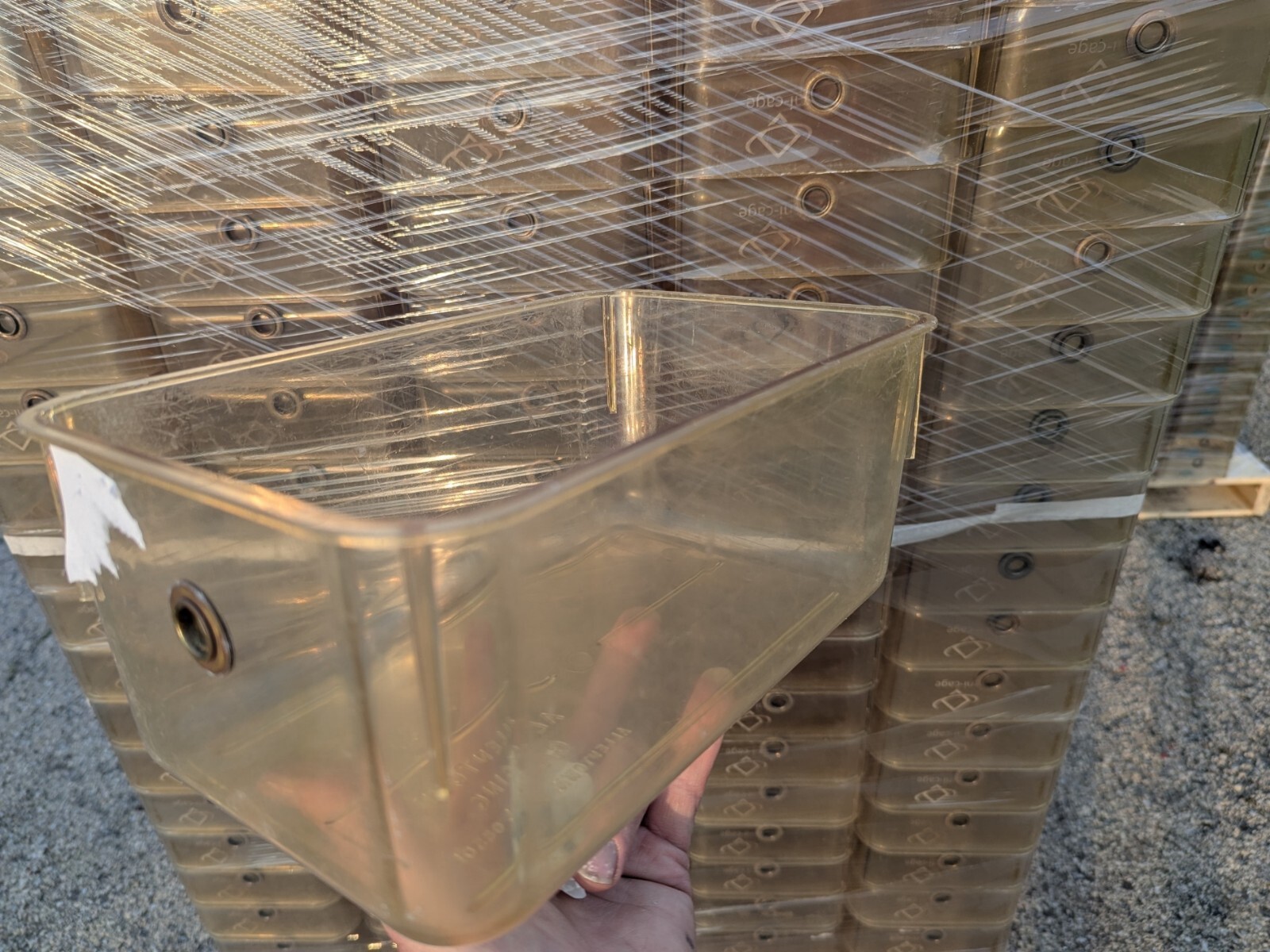 Complete lab mouse cage: bottom, water bottle, wire food/water holder