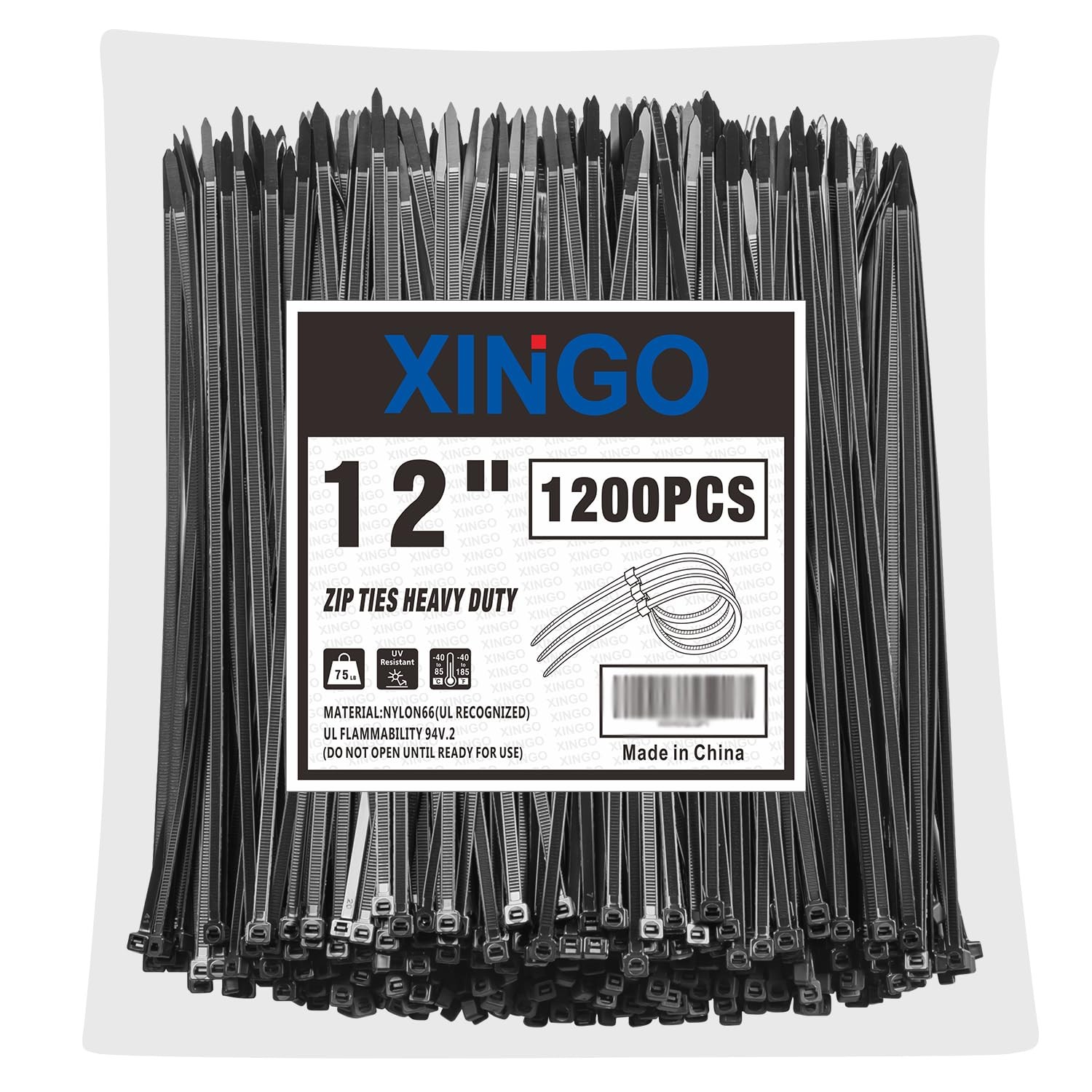 12 Inch Black Zip Ties 1200 PCS, 75 LBS Tensile Strength, UV Resistant Cable ...