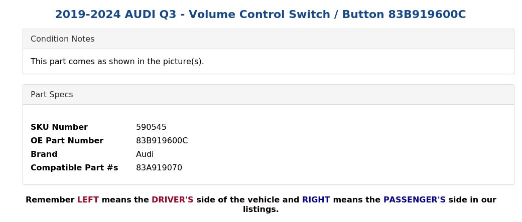 2019-2024 AUDI Q3 - Volume Control Switch / Button 83B919600C