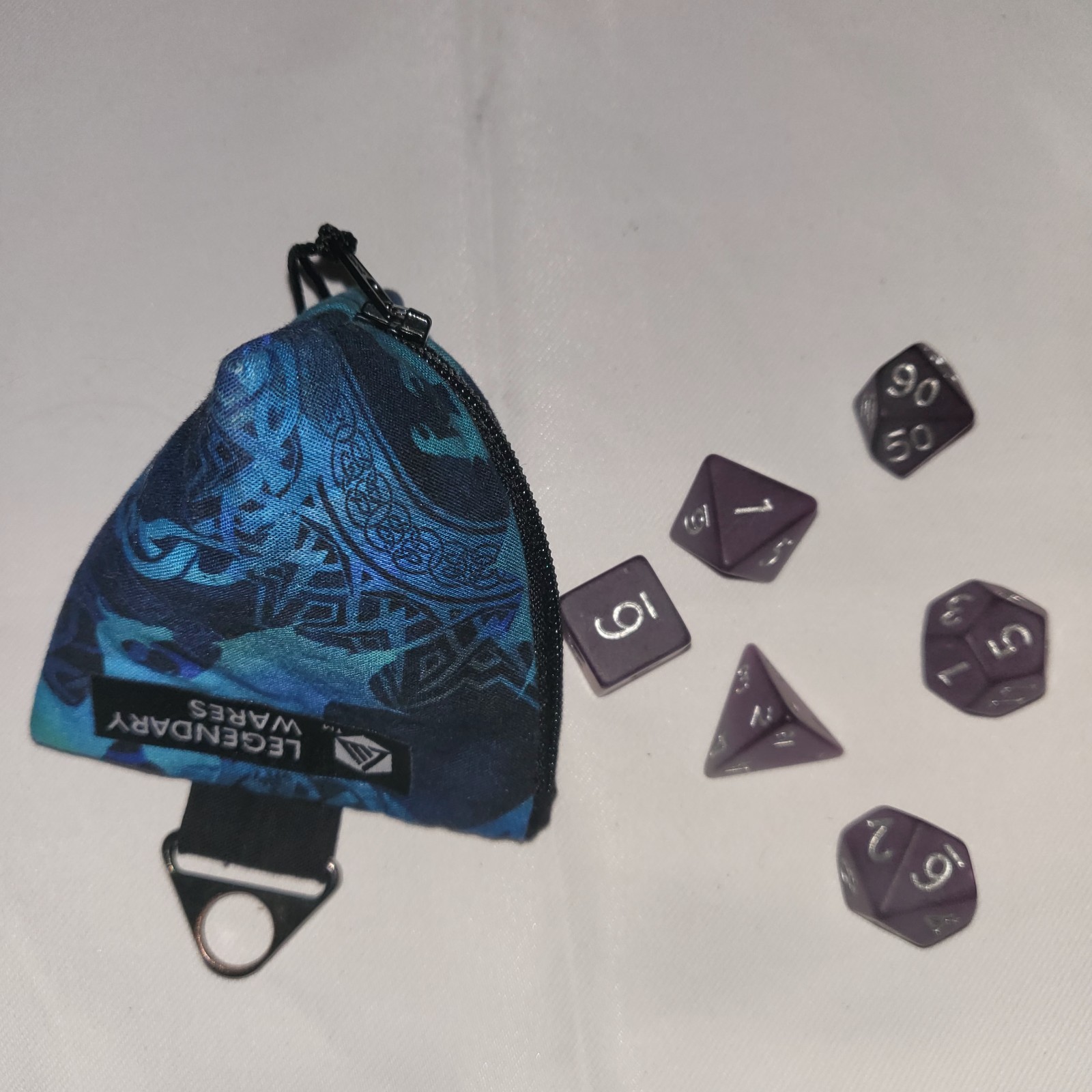 blue Legendary wares Triangle Bag w/ set of 6 D&D dice frosted purple