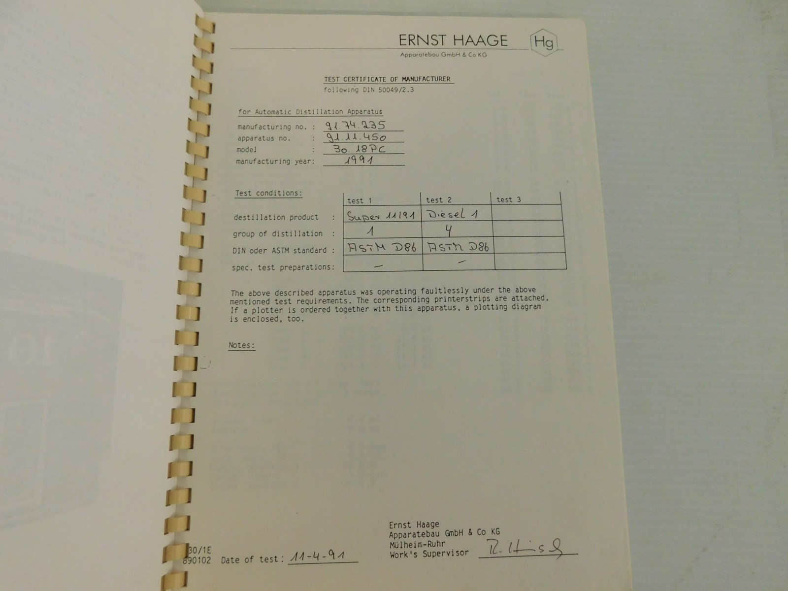 ERNST HAAGE AUTOMATIC DISTINALLATION APPARATUS 30.18PC INSTRUCTIONS (LSM148)