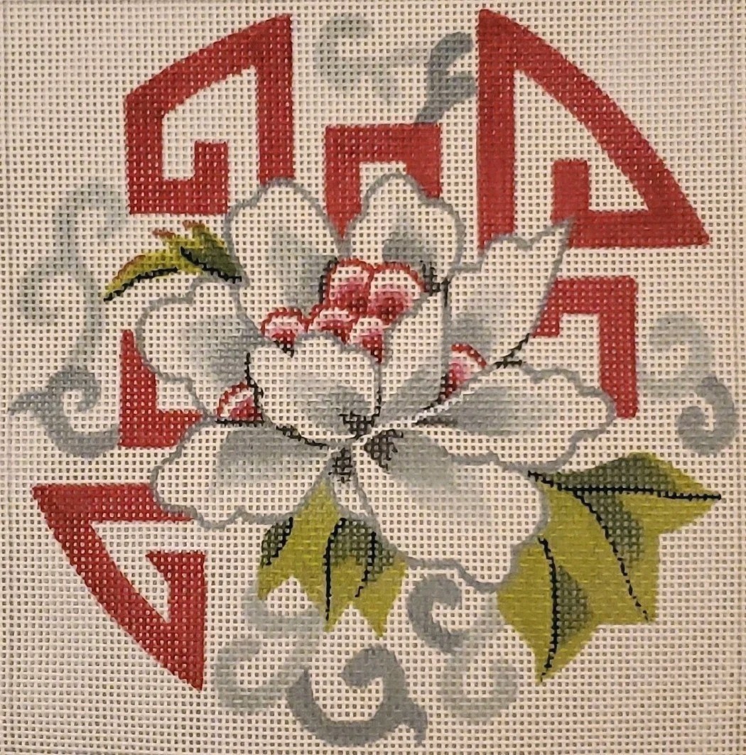 Chinese Good Fortune Peony Lotus Hand Painted Needlepoint Canvas Red White 13 Ct